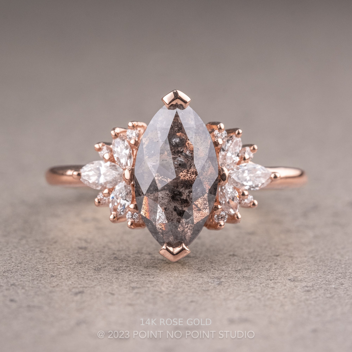 2.33 Carat Salt and Pepper Marquise Diamond Engagement Ring, Monarch Setting