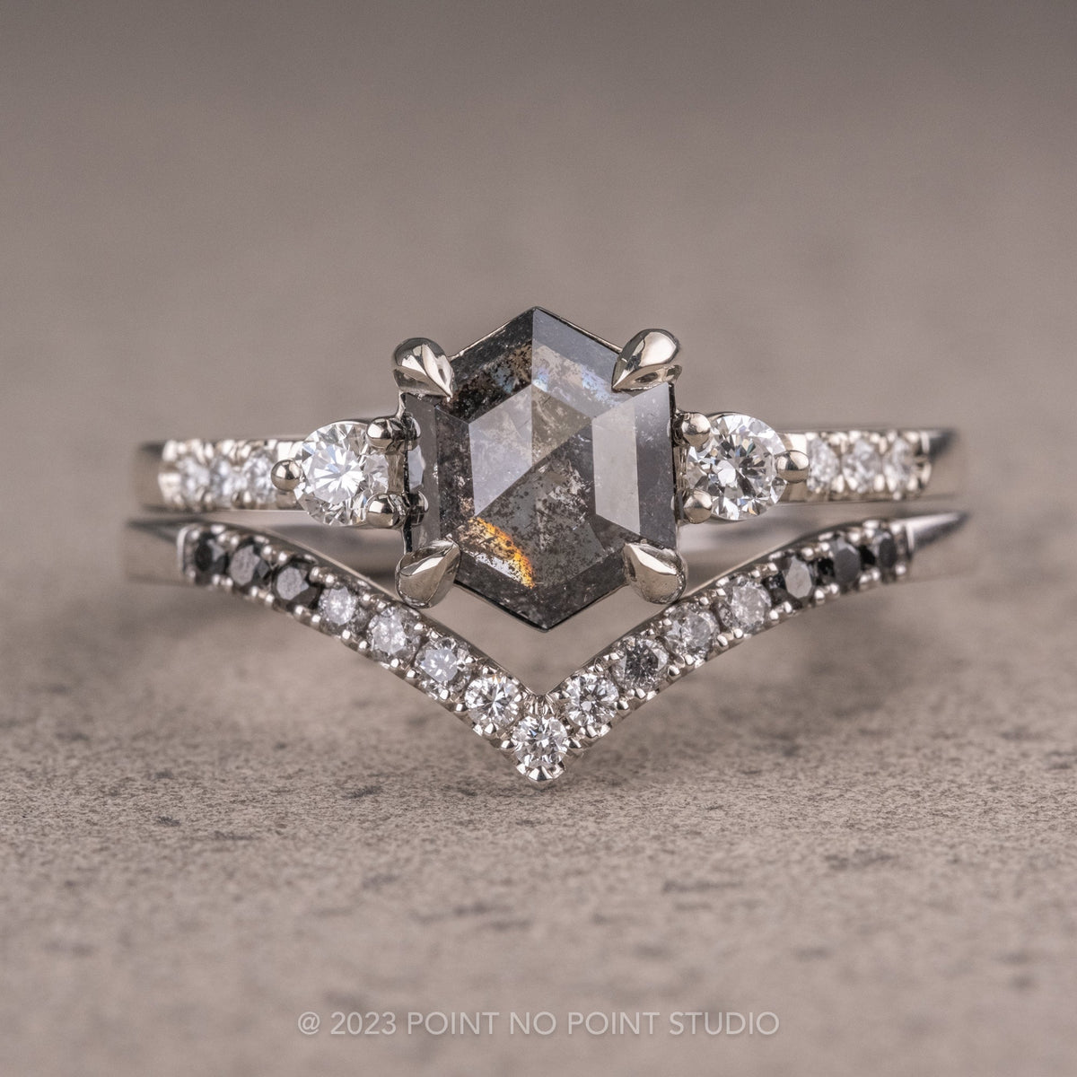 1.39 Carat Black Salt and Pepper Hexagon Diamond Engagement Ring, Eliza Setting