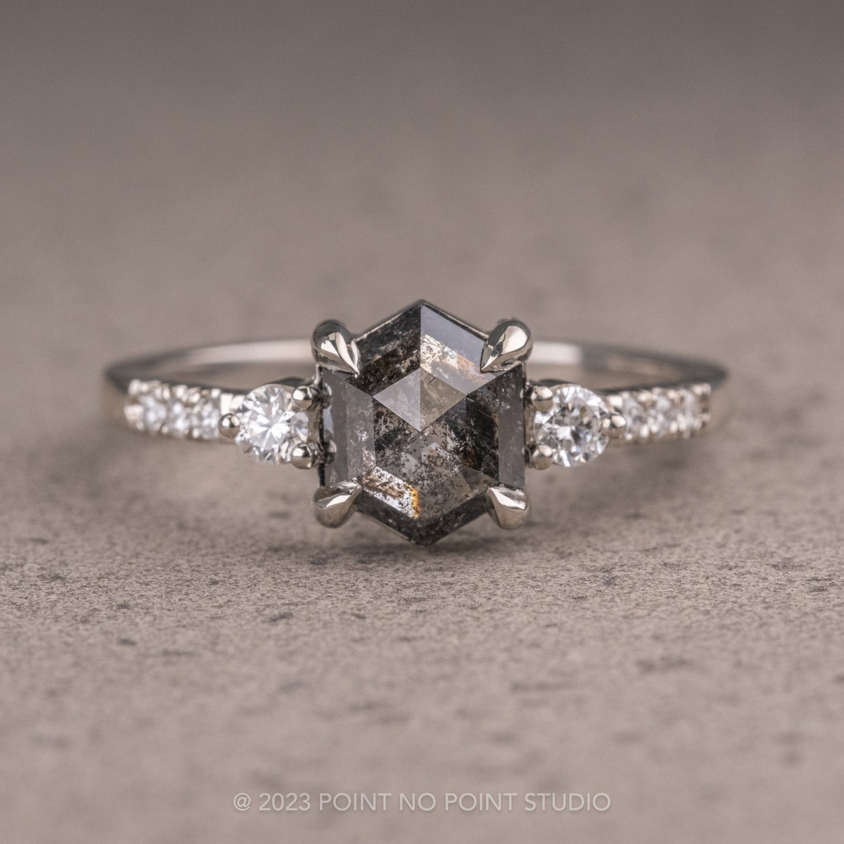 1.39 Carat Black Salt and Pepper Hexagon Diamond Engagement Ring, Eliza Setting