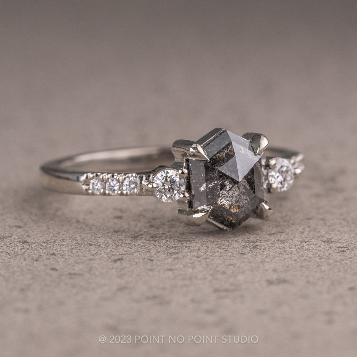 1.39 Carat Black Salt and Pepper Hexagon Diamond Engagement Ring, Eliza Setting