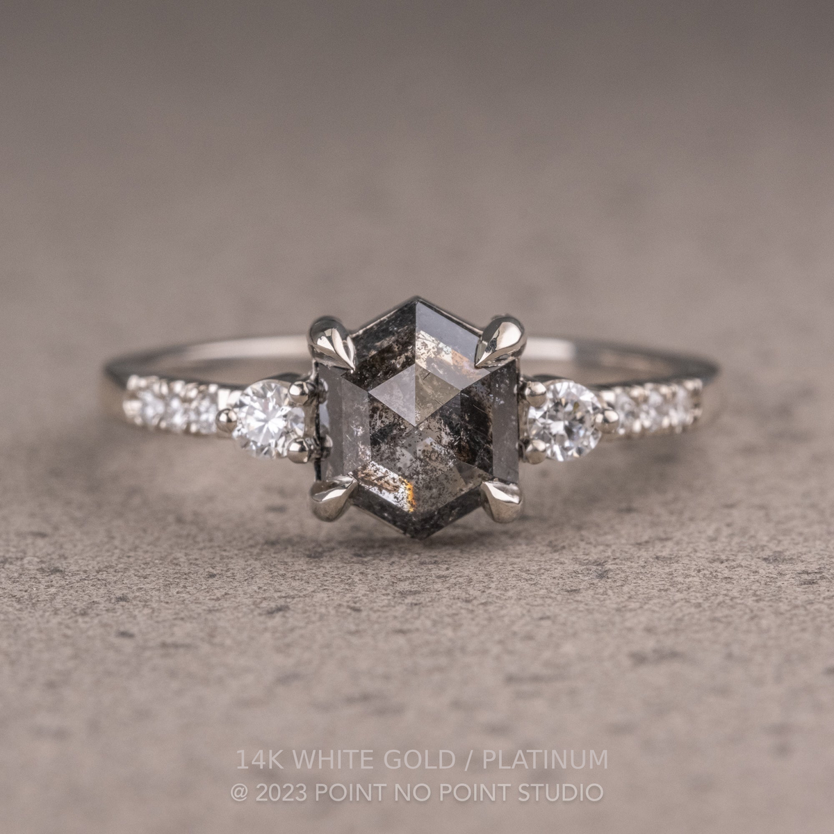 1.39 Carat Black Salt and Pepper Hexagon Diamond Engagement Ring, Eliza Setting