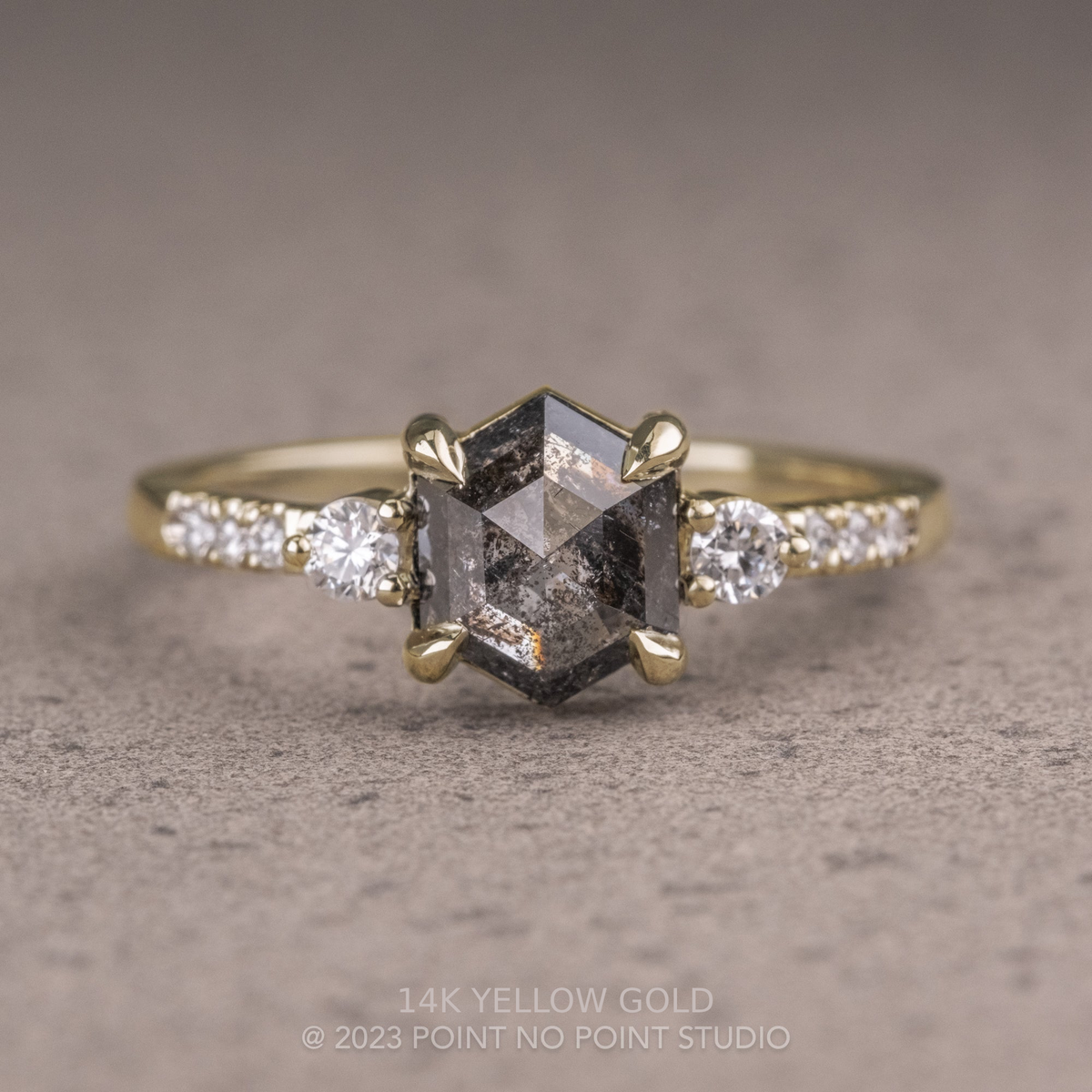 1.39 Carat Black Salt and Pepper Hexagon Diamond Engagement Ring, Eliza Setting