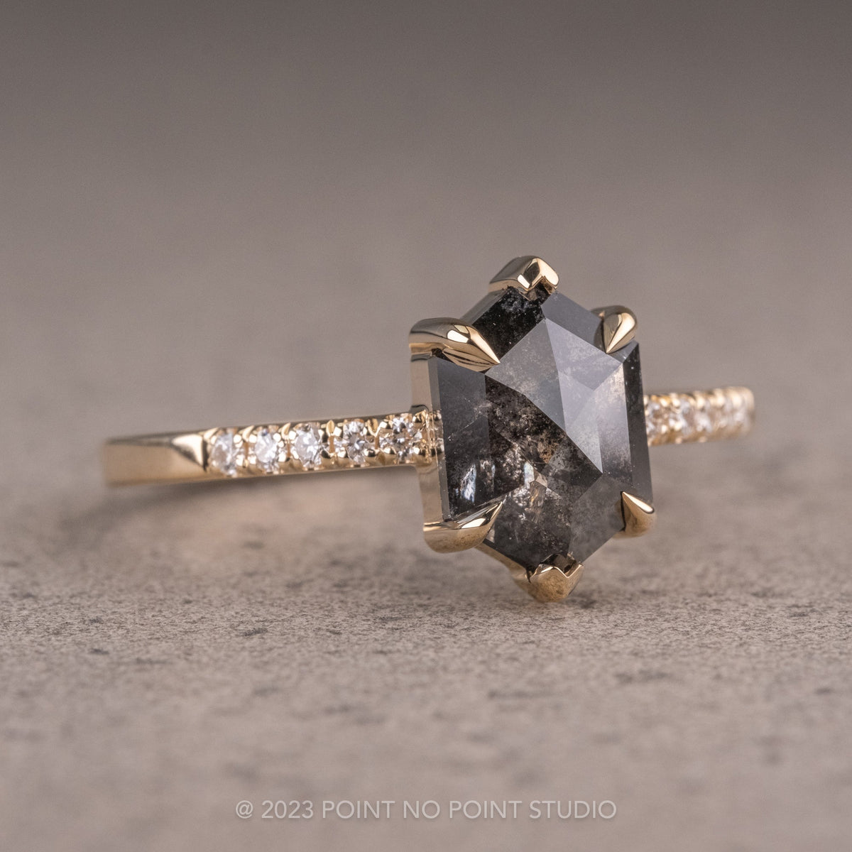 1.94 Carat Black Speckled Hexagon Diamond Engagement Ring, Sirena Setting