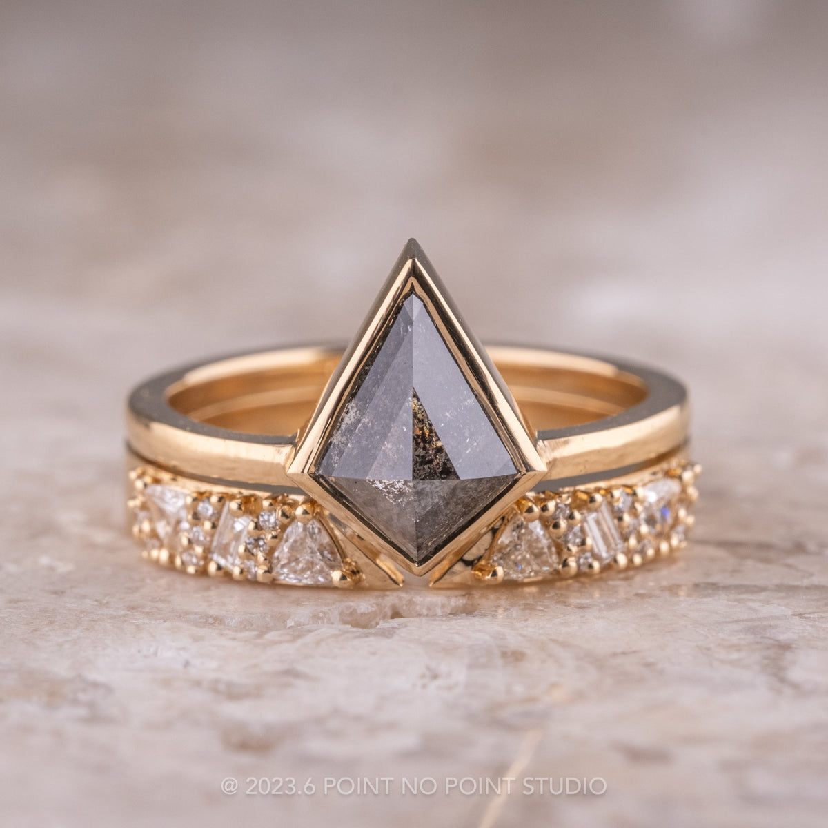 1.25 Carat Black Speckled Kite Diamond Engagement Ring, Bezel Jane Setting