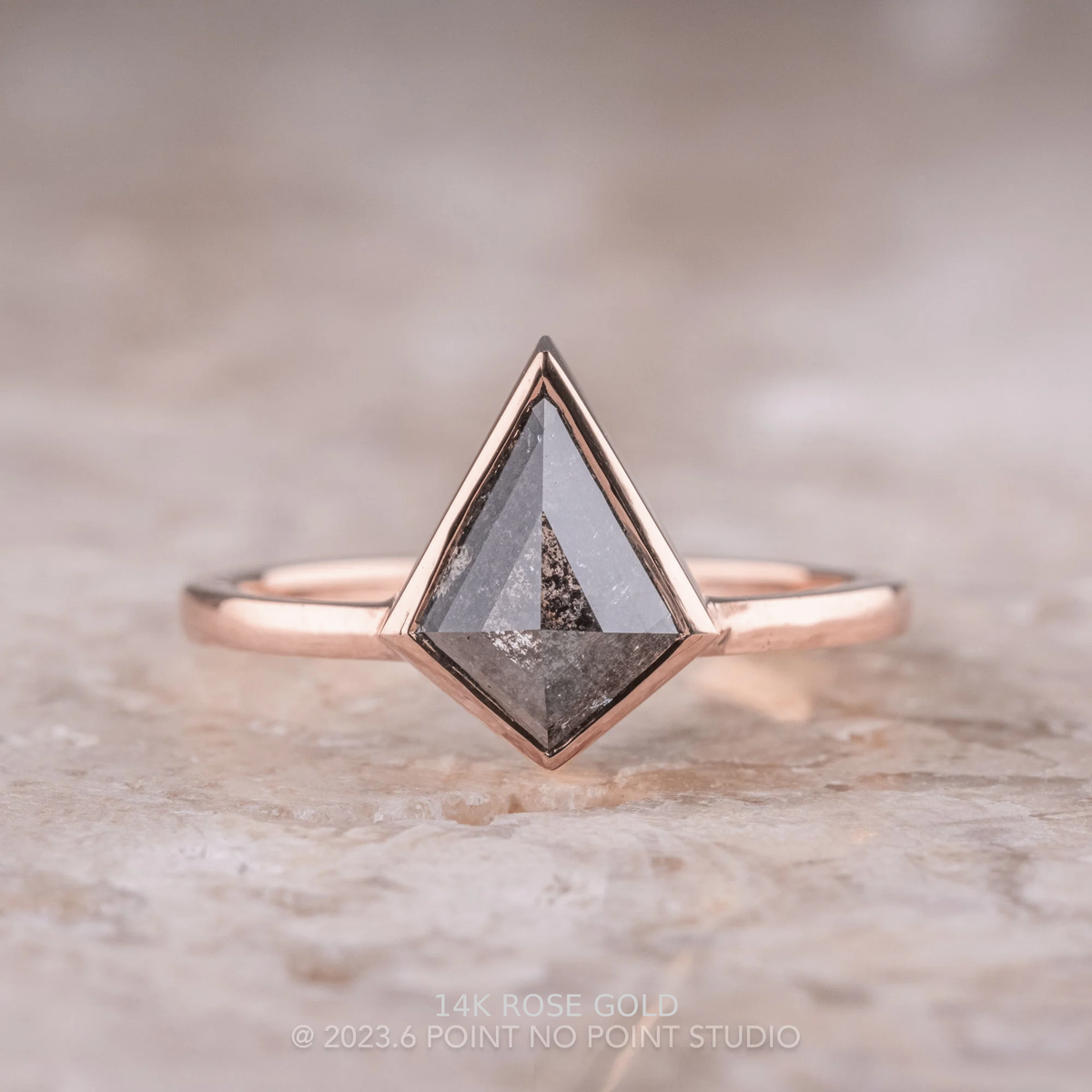 1.25 Carat Black Speckled Kite Diamond Engagement Ring, Bezel Jane Setting