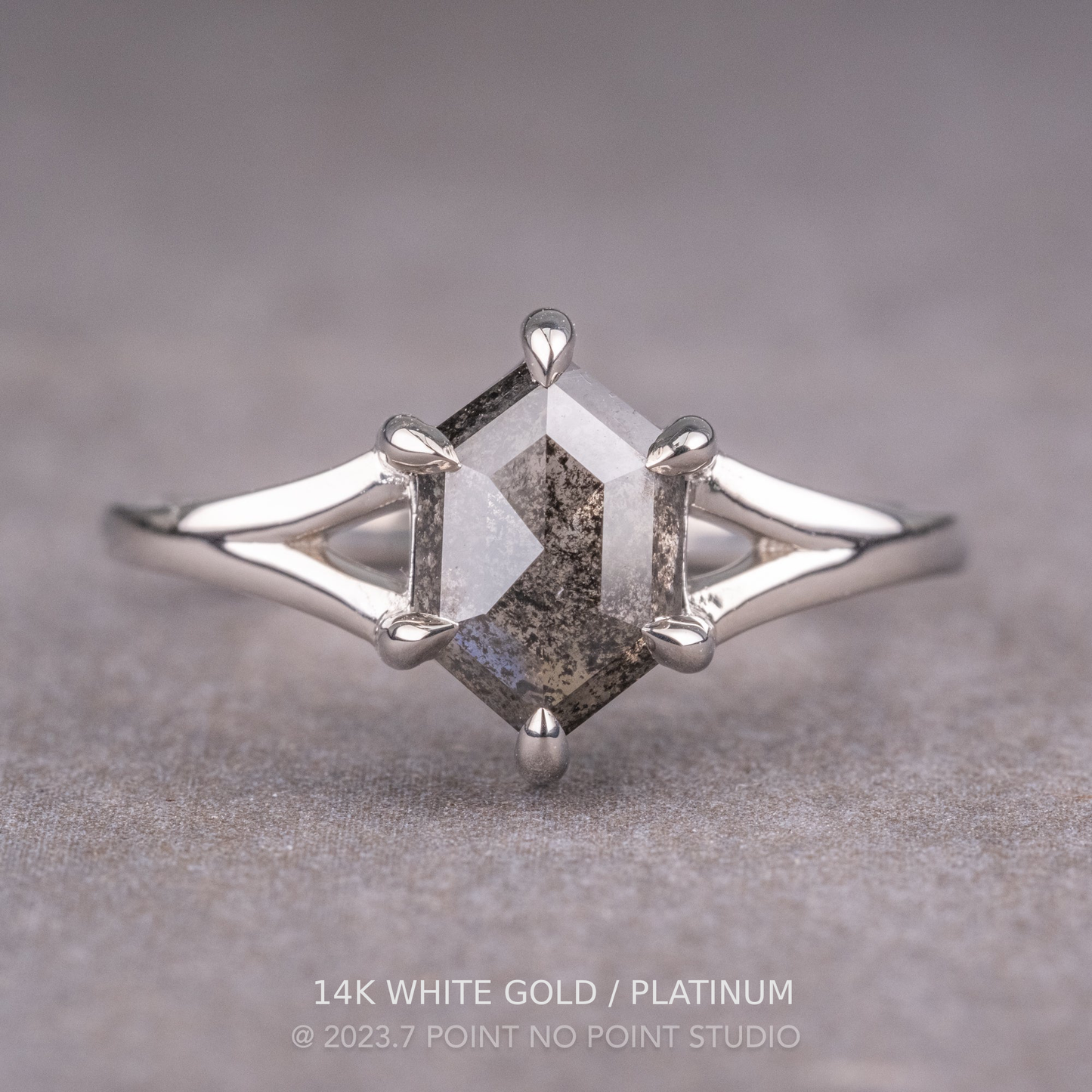 1.37 Carat Black Salt and Pepper Hexagon Diamond Engagement Ring, Split Shank Jane