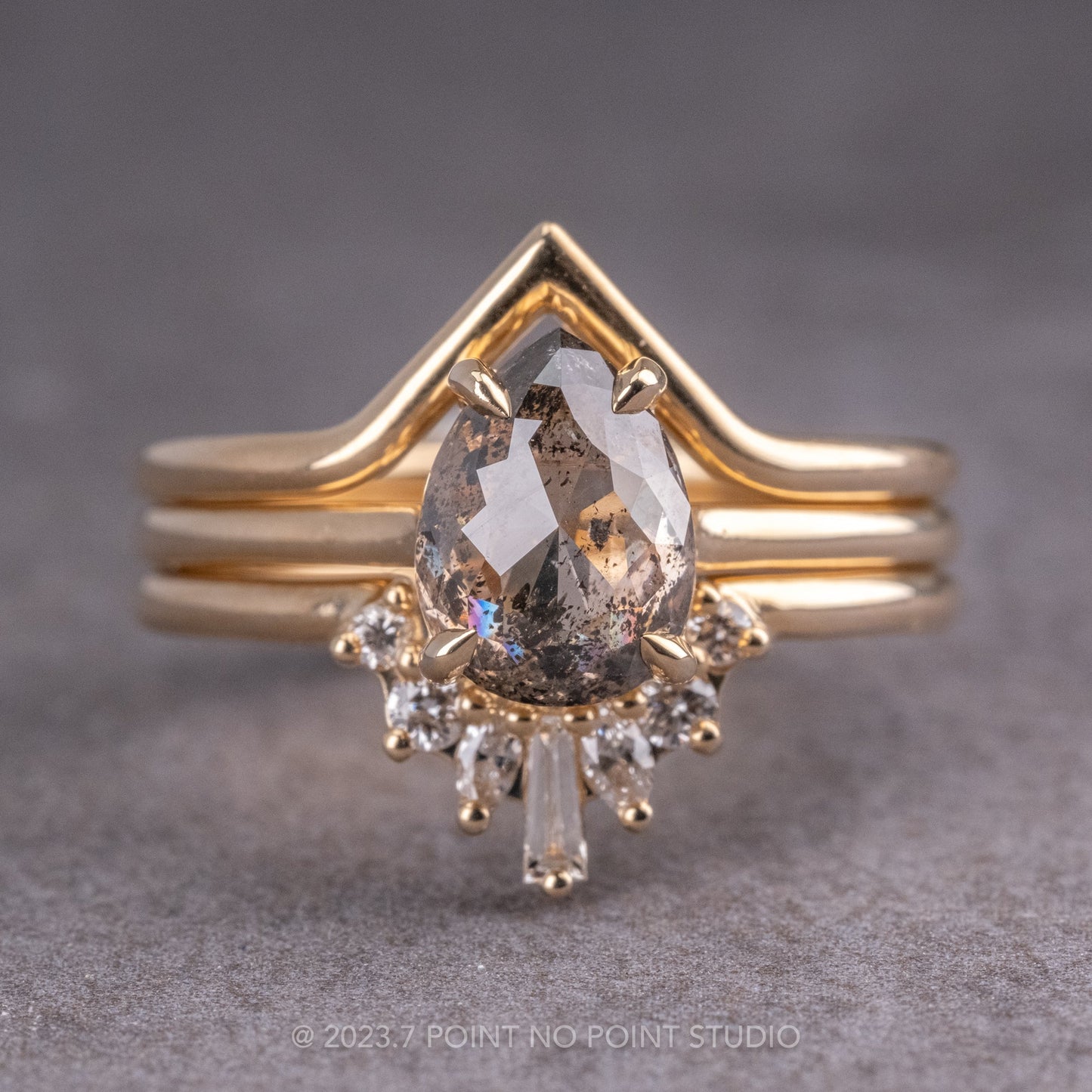 1.94 Carat Salt and Pepper Pear Diamond Engagement Ring, Lark Setting, 14K Yellow Gold