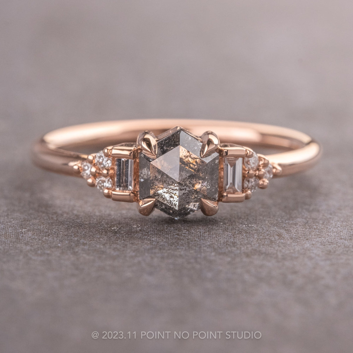 1.41 Carat Salt and Pepper Hexagon Diamond Engagement Ring, Dahlia Setting