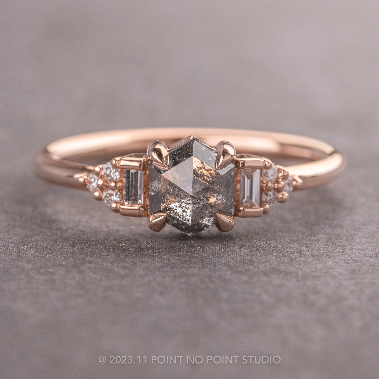 1.41 Carat Salt and Pepper Hexagon Diamond Engagement Ring, Dahlia Setting