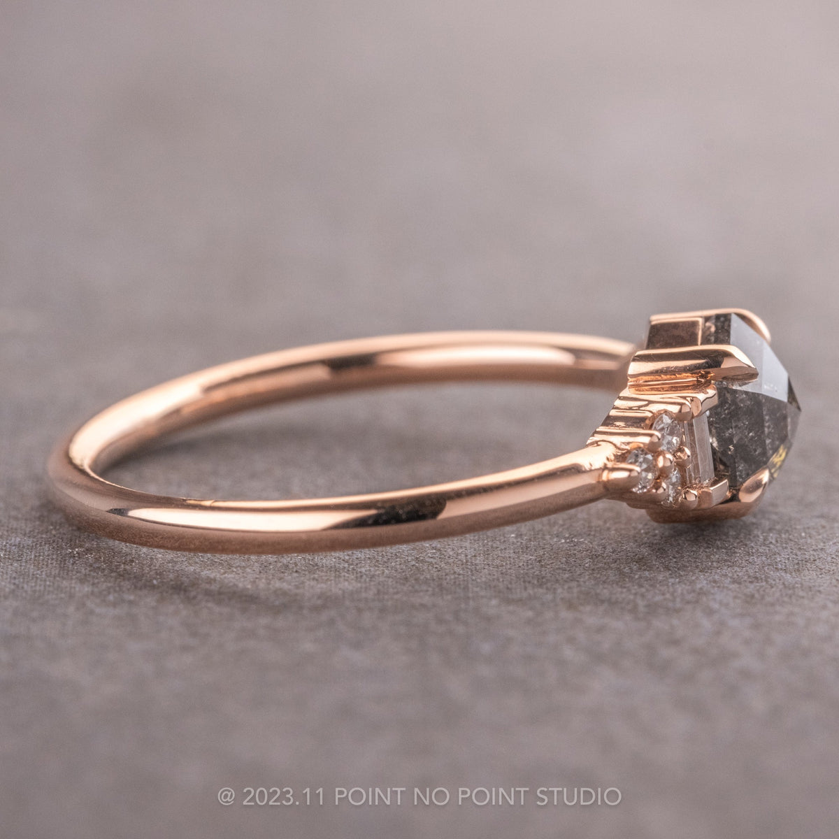 1.41 Carat Salt and Pepper Hexagon Diamond Engagement Ring, Dahlia Setting