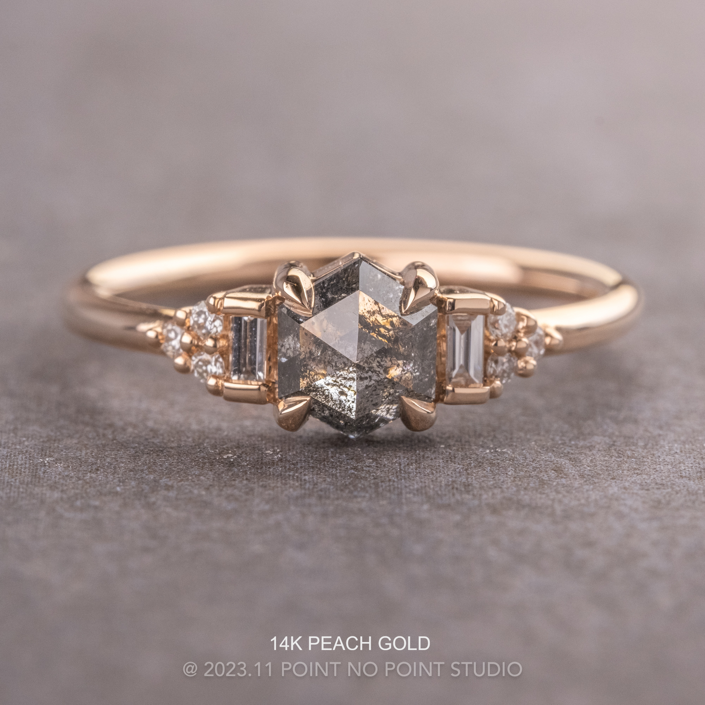 1.41 Carat Salt and Pepper Hexagon Diamond Engagement Ring, Dahlia Setting