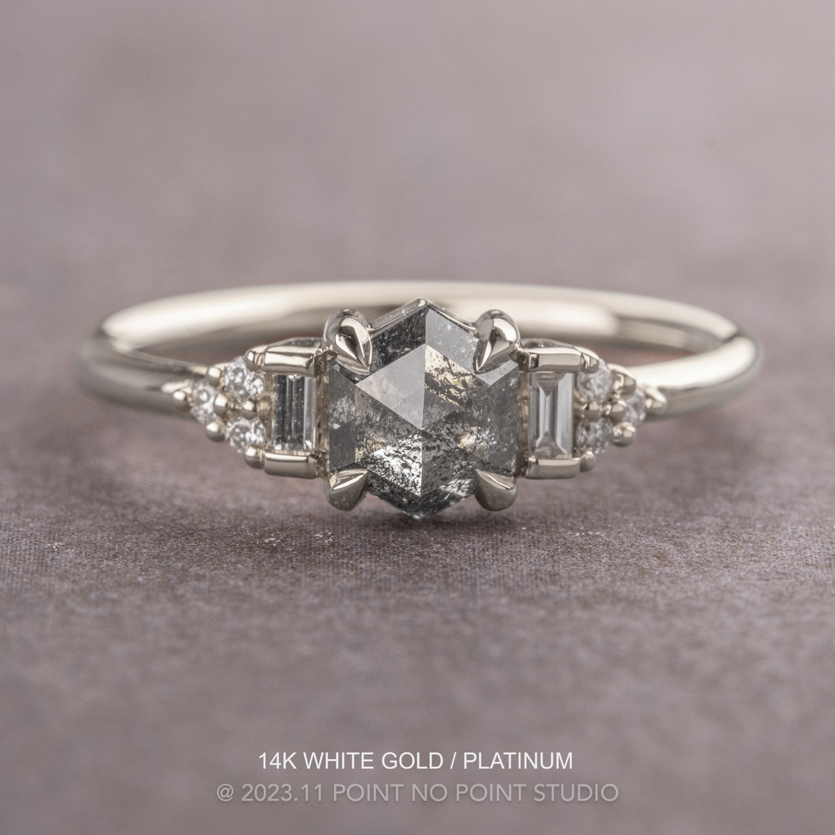 1.41 Carat Salt and Pepper Hexagon Diamond Engagement Ring, Dahlia Setting