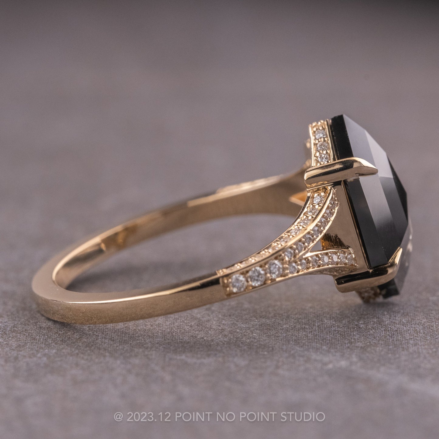 2.79 Carat Black Hexagon Diamond Engagement Ring, River Setting