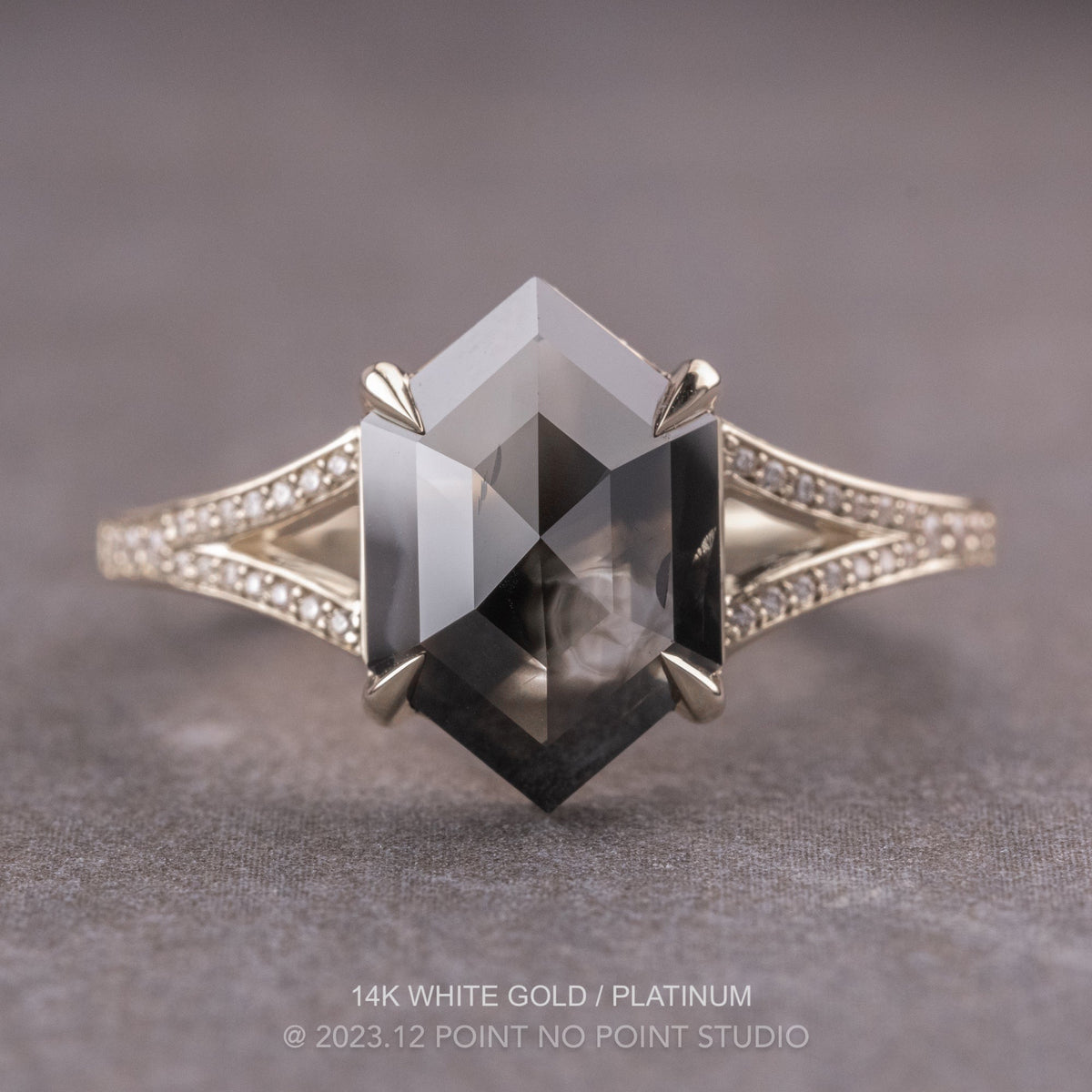 2.79 Carat Black Hexagon Diamond Engagement Ring, River Setting