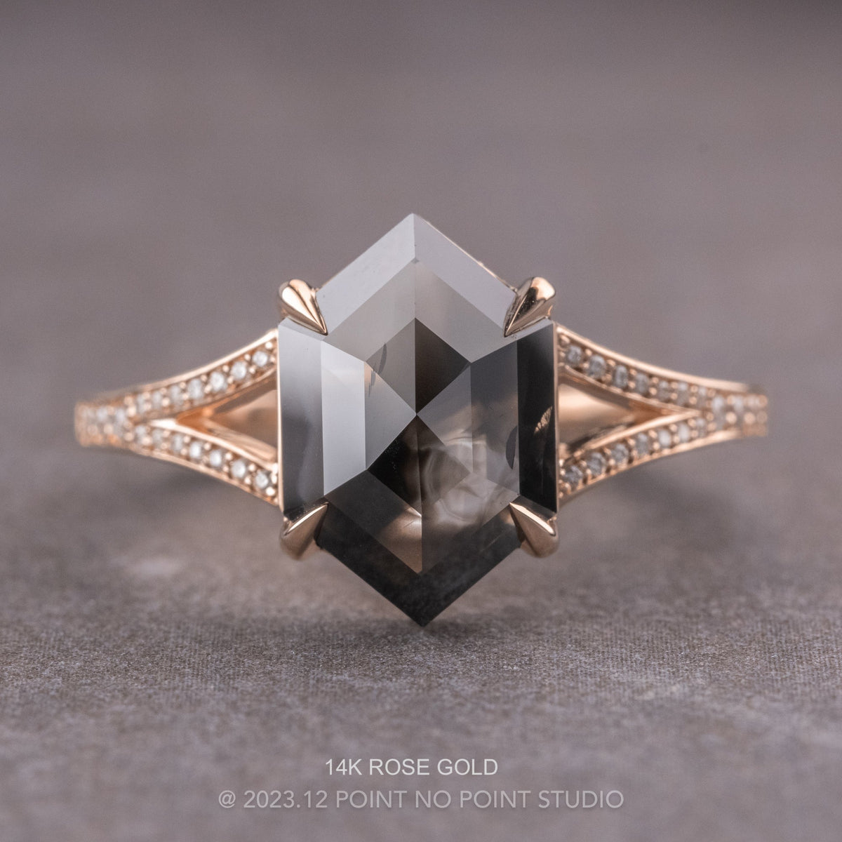 2.79 Carat Black Hexagon Diamond Engagement Ring, River Setting