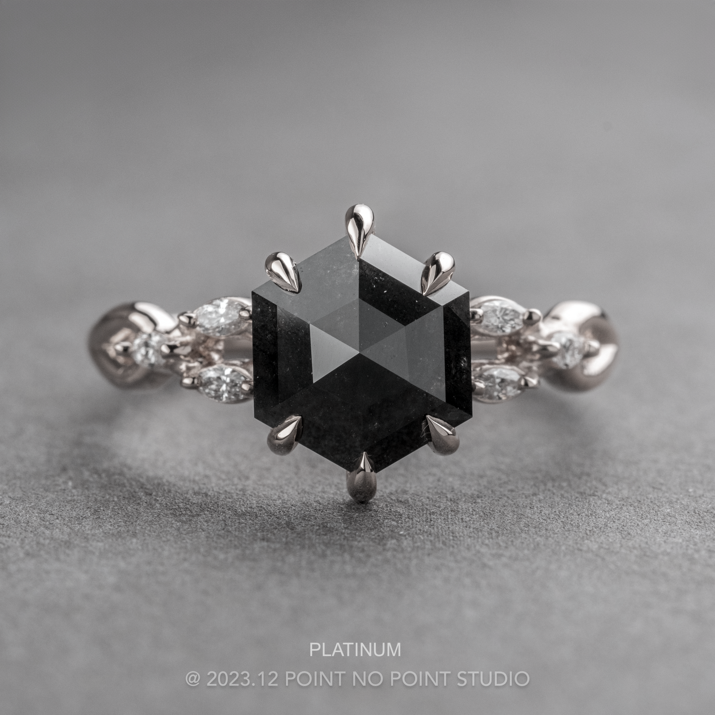 2.39 Carat Black Hexagon Diamond Engagement Ring, Winona Setting