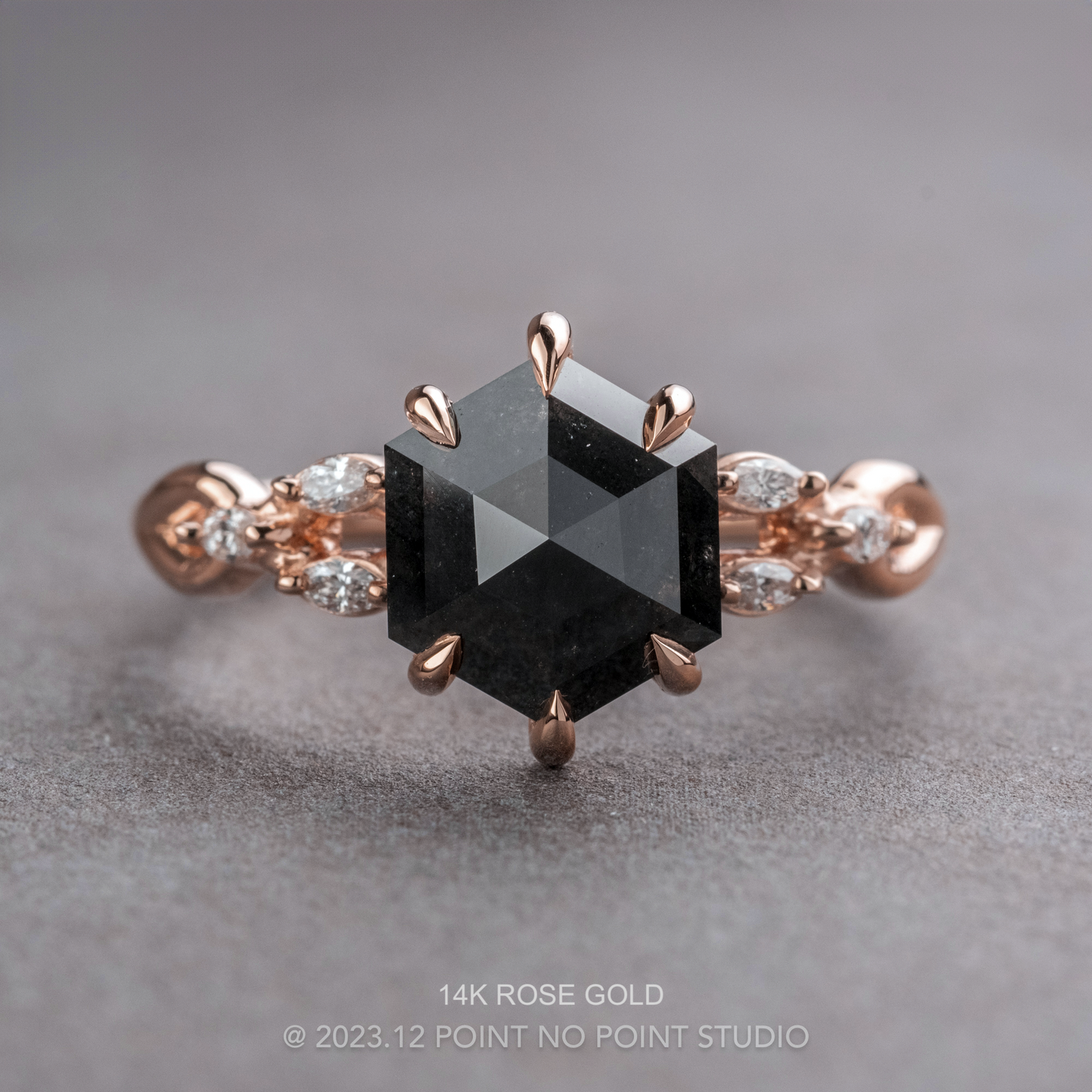 2.39 Carat Black Hexagon Diamond Engagement Ring, Winona Setting