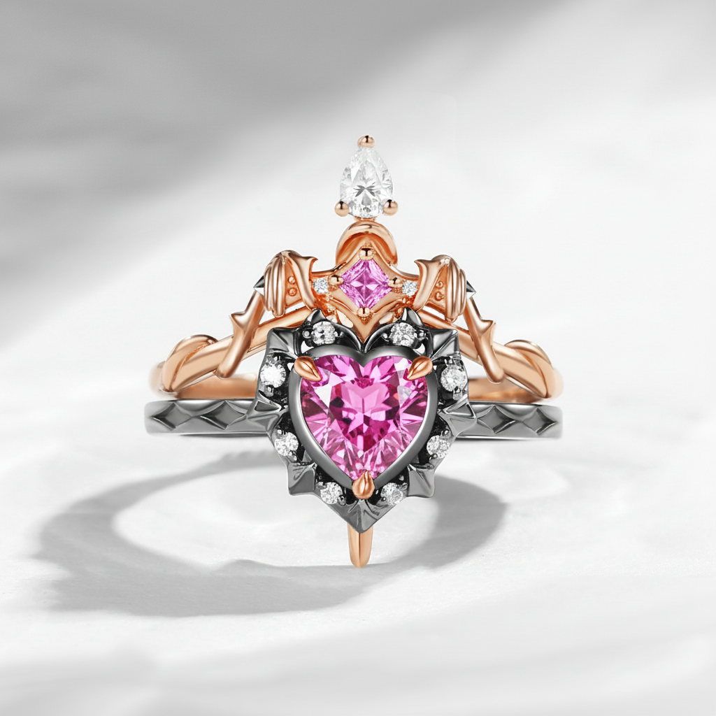 'Cupid's Arrow' - Gorhic Heart Cut Moss Agate Heart Sword Ring Alternative Bridal Set