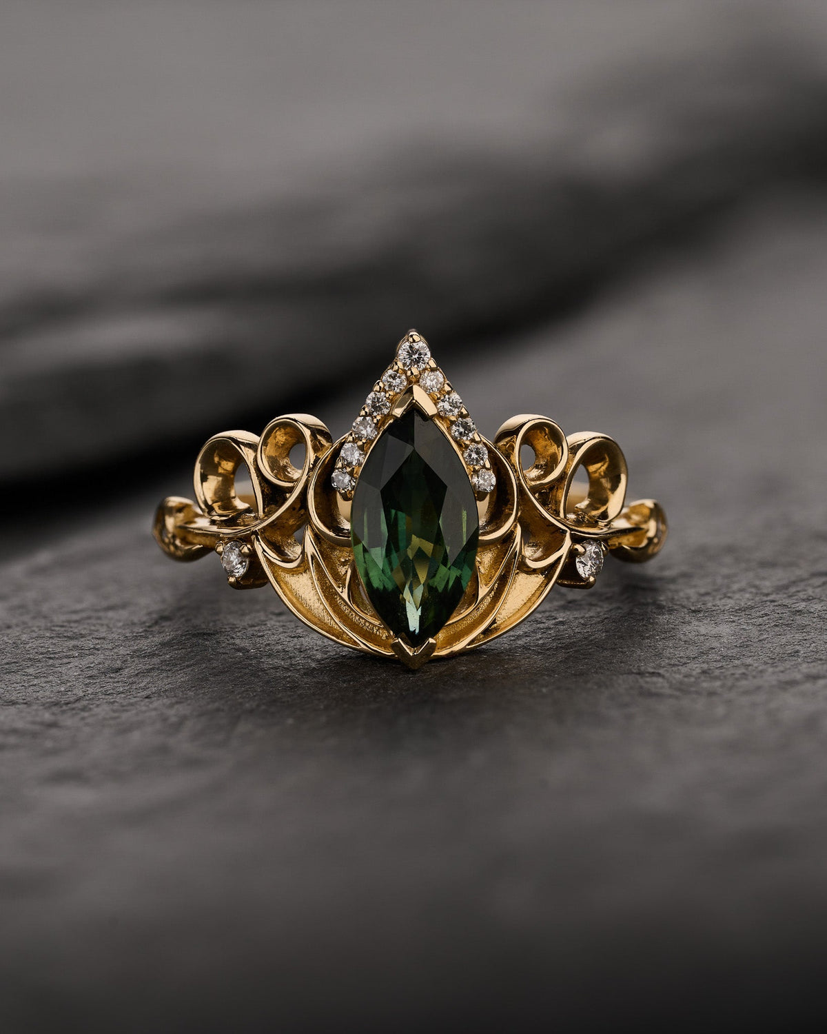 READY TO SHIP Draco Engagement Ring With Green Marquise Sapphire, 14K yellow gold, RING SIZES 5.5 - 8.5 US