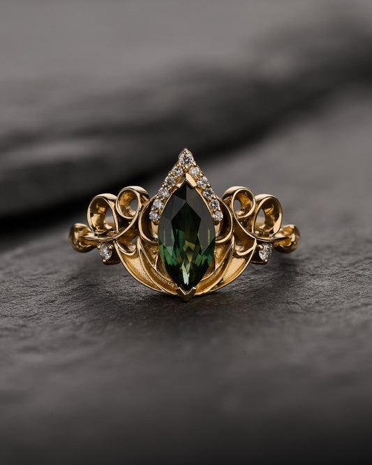 READY TO SHIP Draco Engagement Ring With Green Marquise Sapphire, 14K yellow gold, RING SIZES 5.5 - 8.5 US