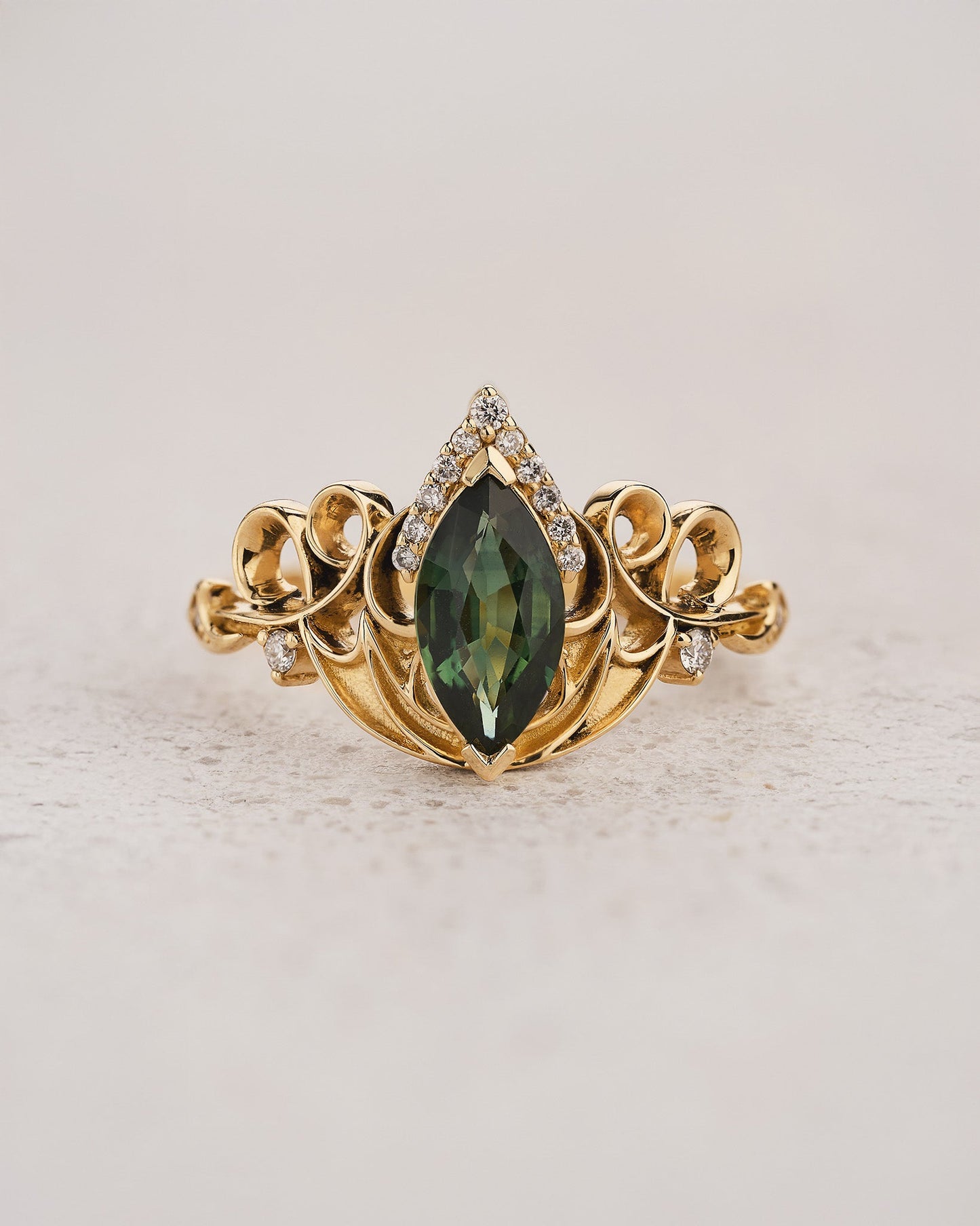 READY TO SHIP Draco Engagement Ring With Green Marquise Sapphire, 14K yellow gold, RING SIZES 5.5 - 8.5 US
