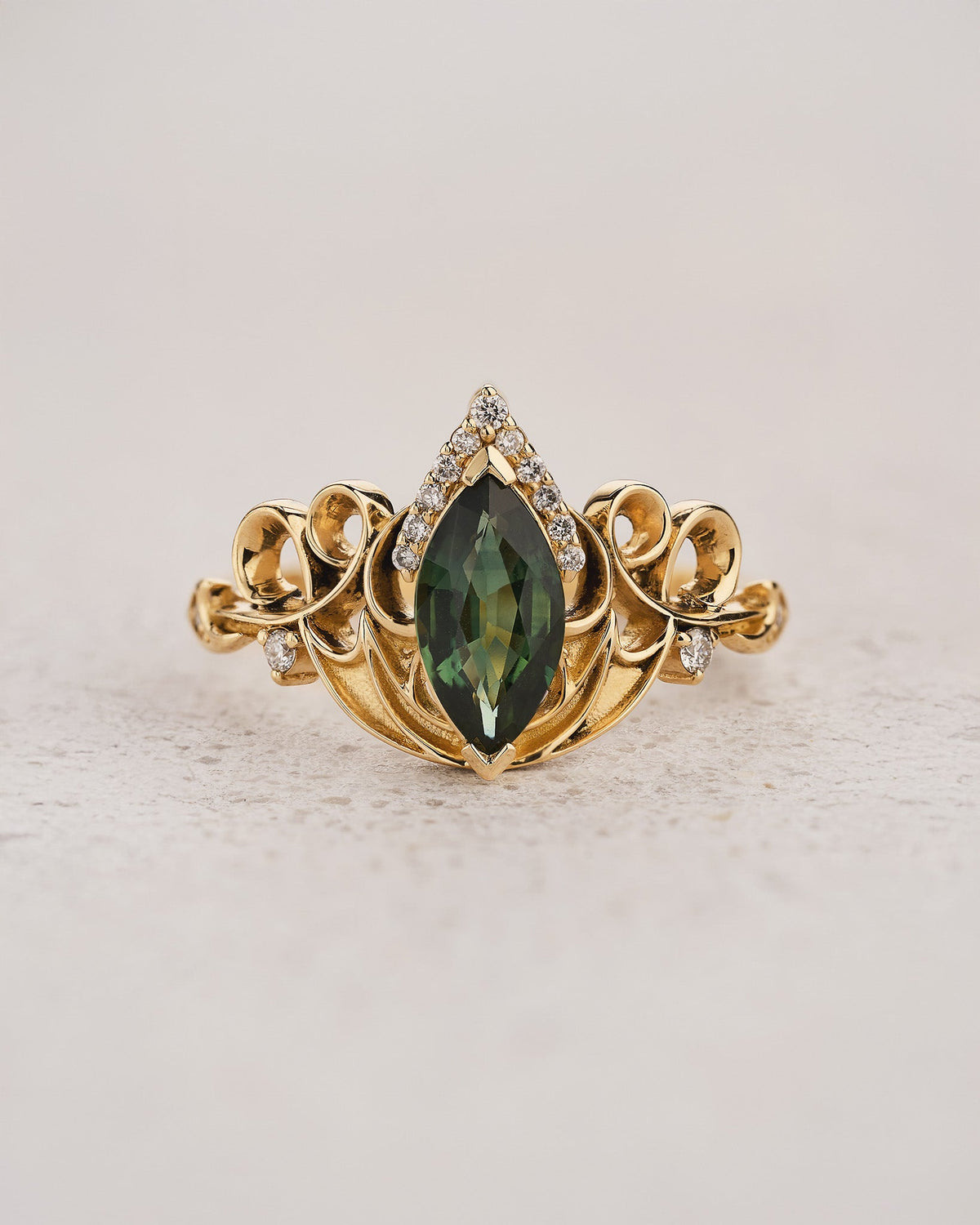 Dragon Inspired Ring Set With Green Marquise Sapphire / Draco