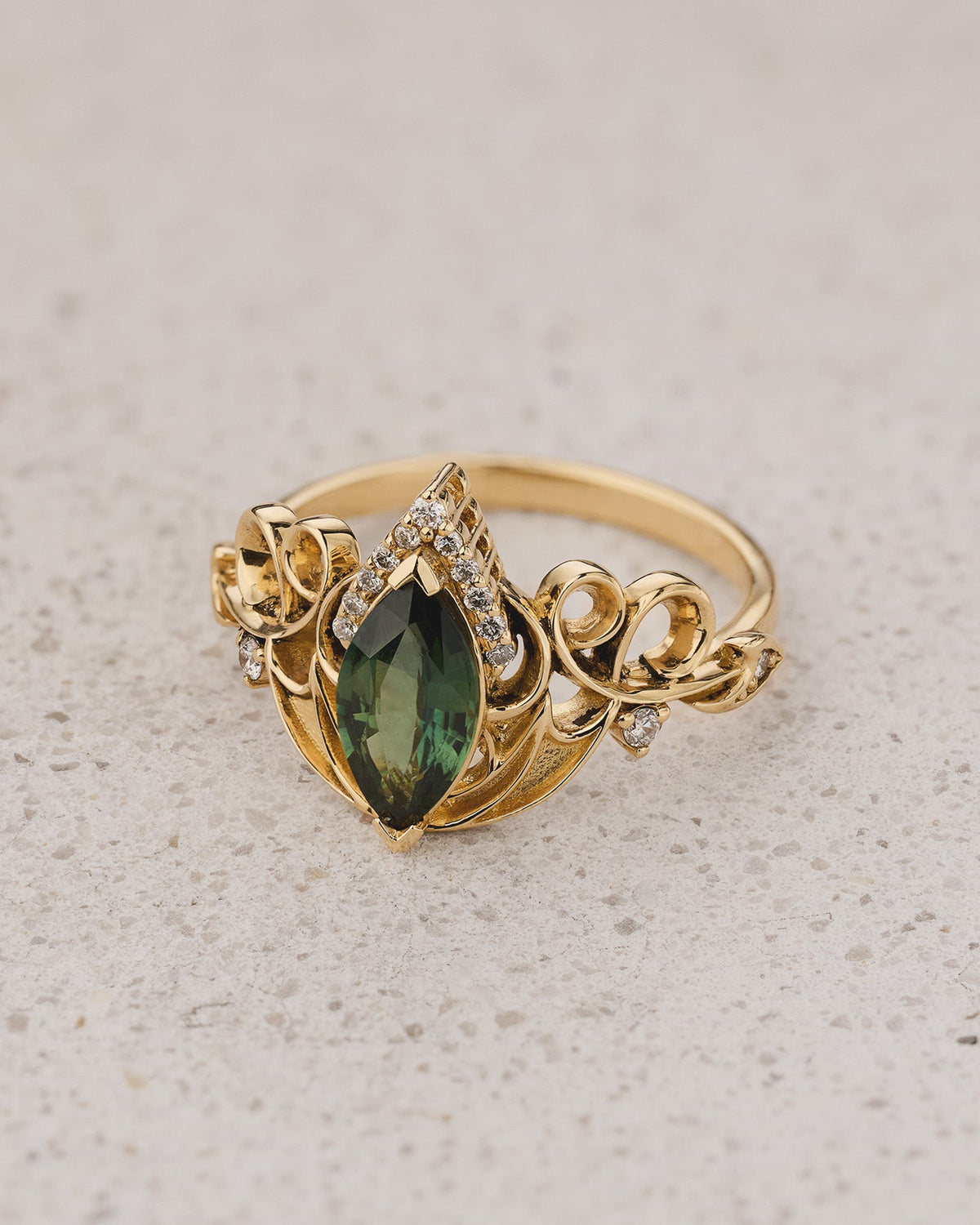 READY TO SHIP Draco Engagement Ring With Green Marquise Sapphire, 14K yellow gold, RING SIZES 5.5 - 8.5 US