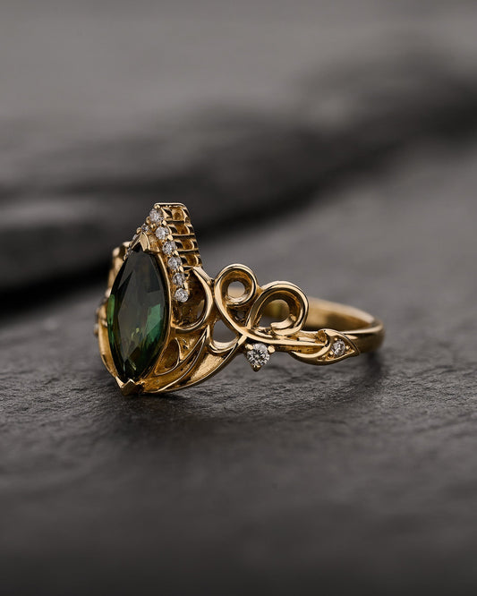 READY TO SHIP Draco Engagement Ring With Green Marquise Sapphire, 14K yellow gold, RING SIZES 5.5 - 8.5 US