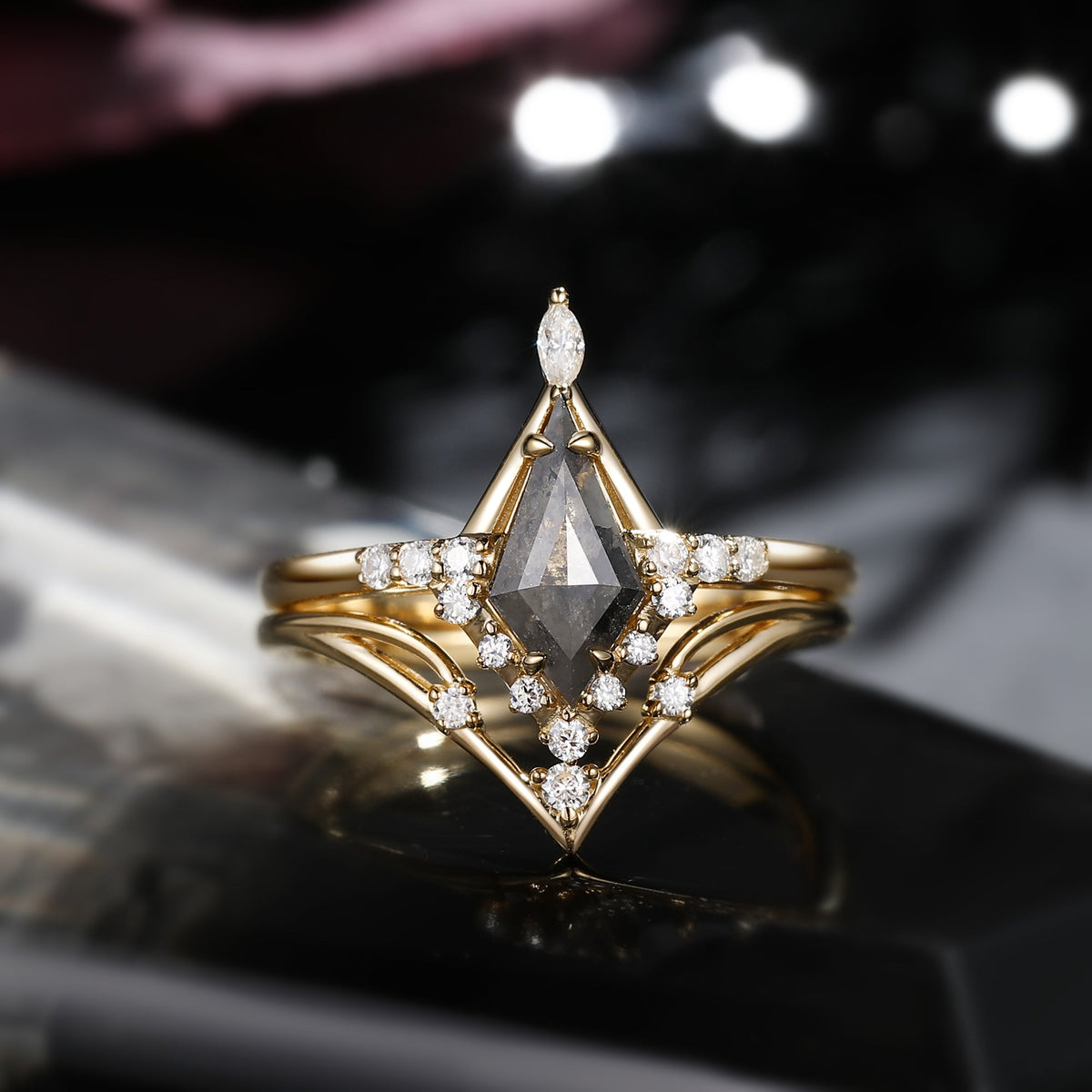 Unique Elegant Cluster Kite Natural Salt & Pepper Diamond Chevron Engagement Ring Set 2pcs