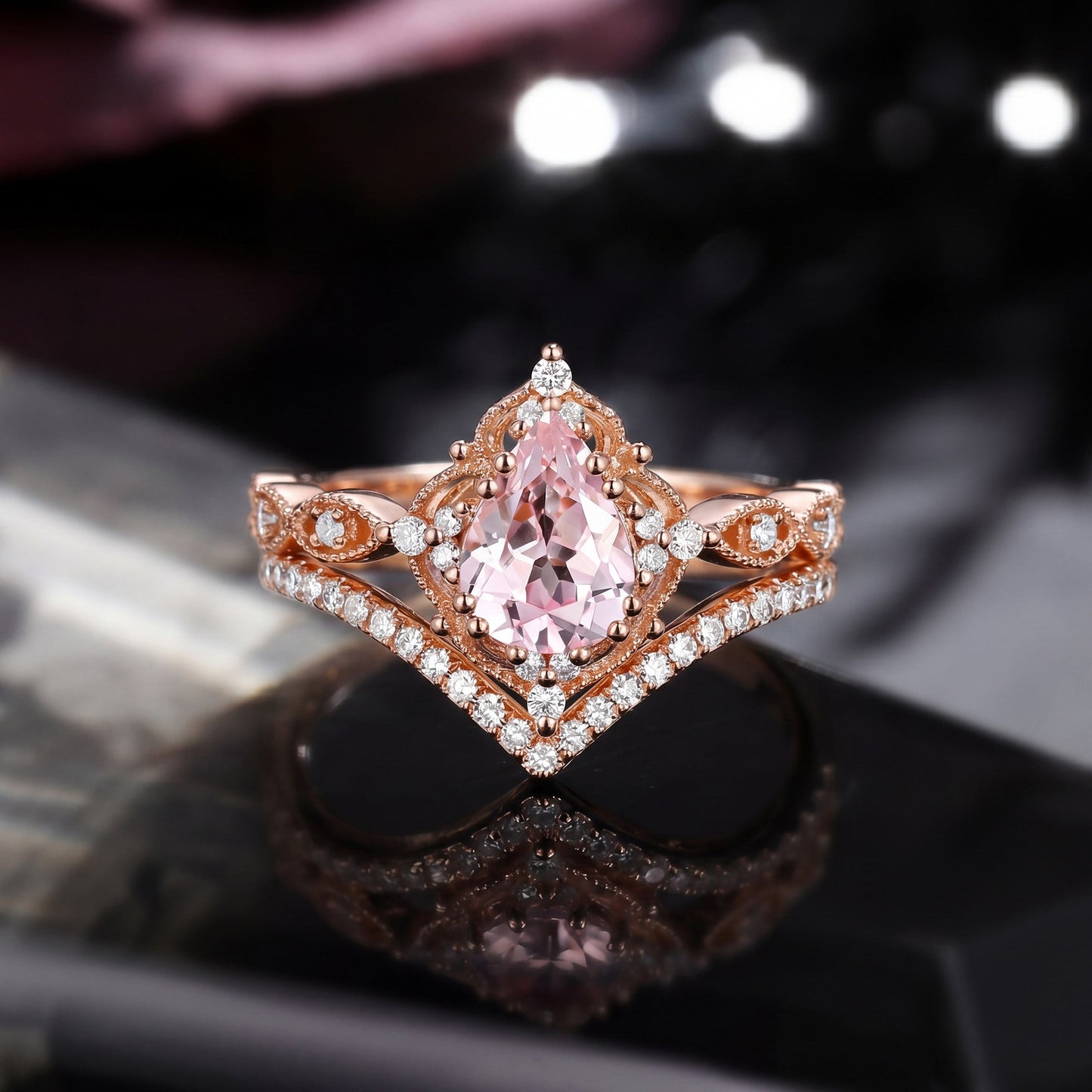 1.5ct Pear Shaped Lab Pink Sapphire Engagement Ring Set 2pcs - Evelyn