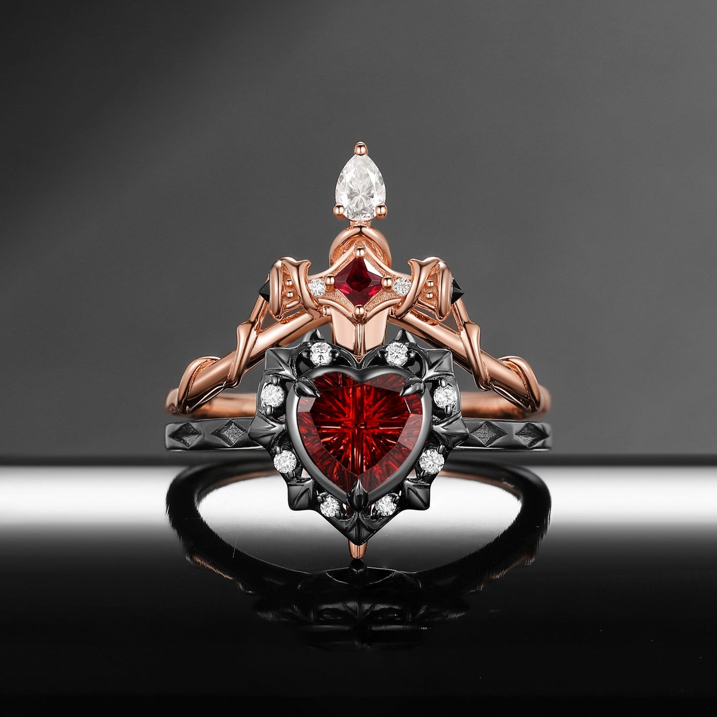 'Cupid's Arrow' - Fantasy Cut Garnet Heart Sword Two-Tone Ring Set