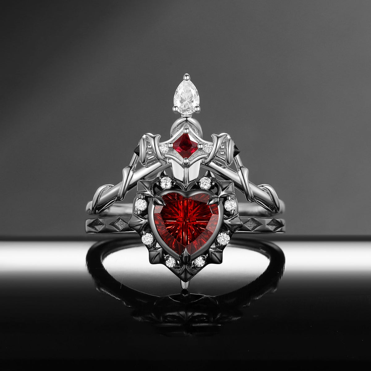 'Cupid's Arrow' - Fantasy Cut Garnet Heart Sword Two-Tone Ring Set