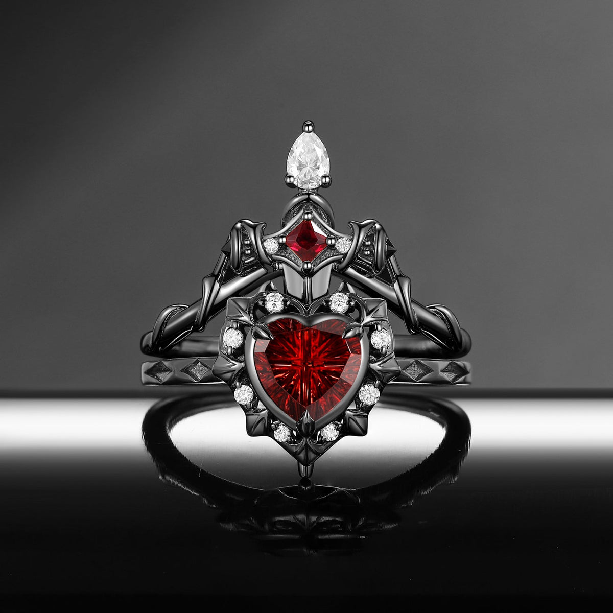 'Cupid's Arrow' - Fantasy Cut Garnet Heart Sword Two-Tone Ring Set