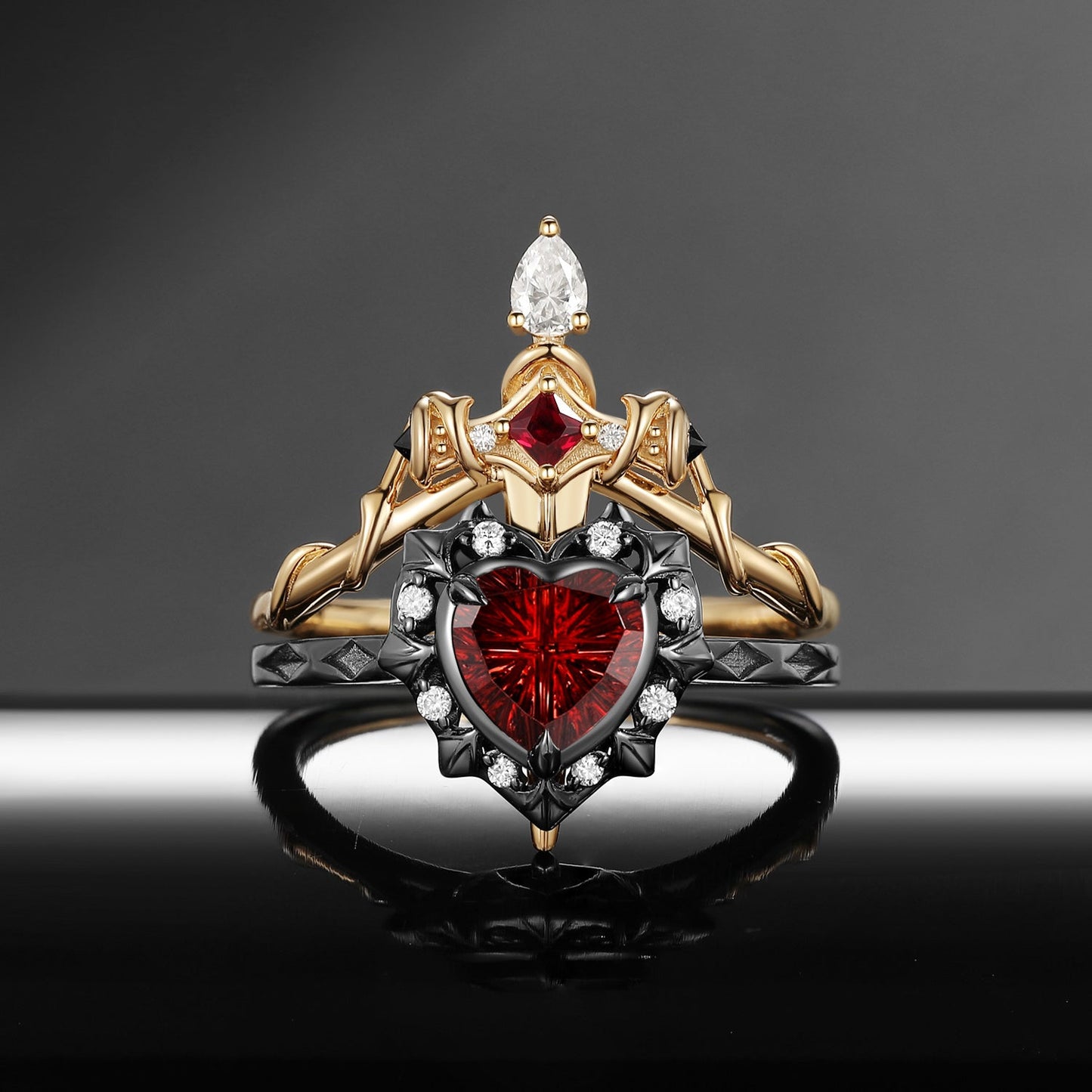 'Cupid's Arrow' - Fantasy Cut Garnet Heart Sword Two-Tone Ring Set