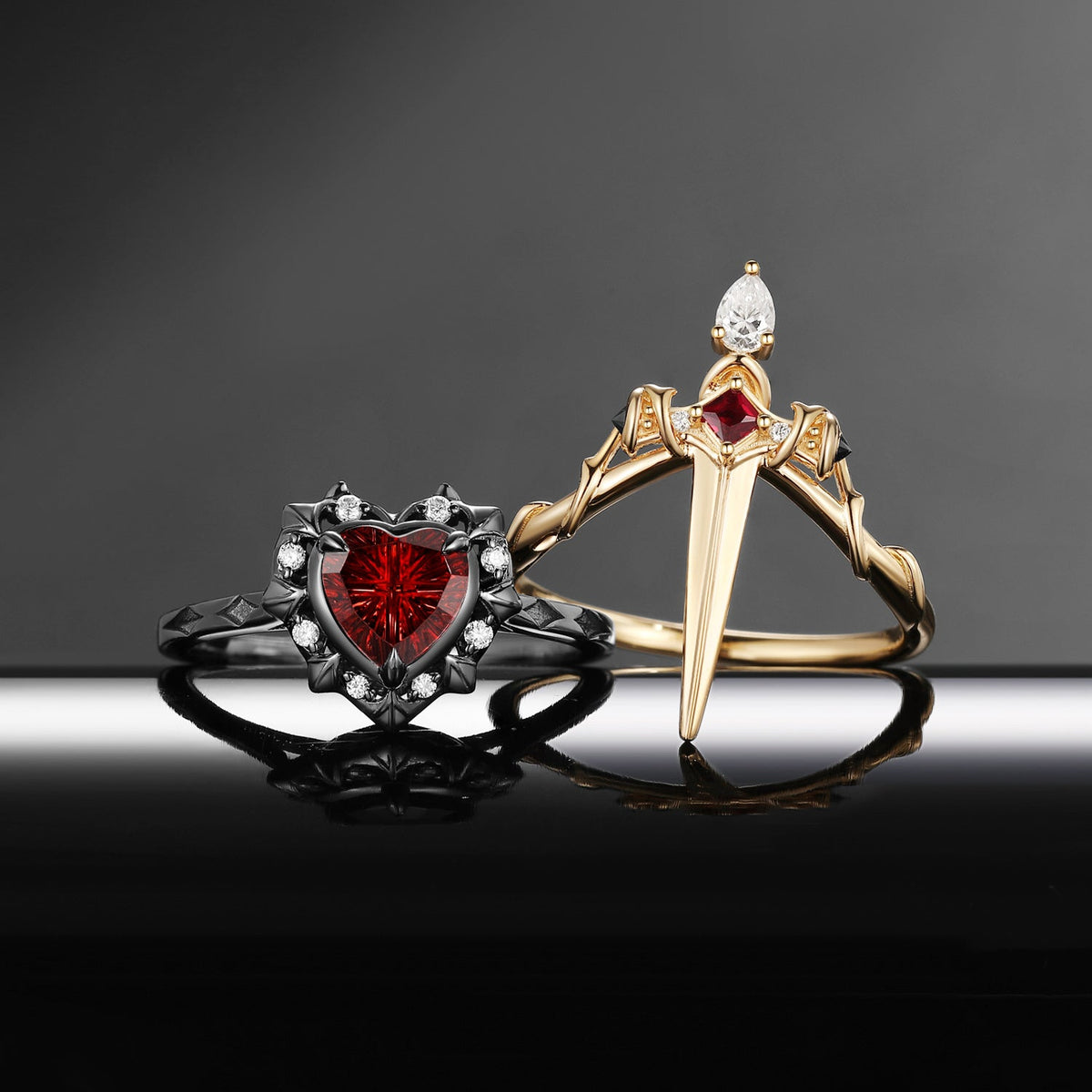 'Cupid's Arrow' - Fantasy Cut Garnet Heart Sword Two-Tone Ring Set