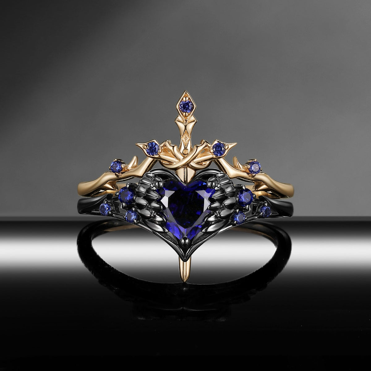 'Pierced Heart' - Gothic Inspired Lab Sapphire Heart Sword Ring Two-Tone Bridal Set