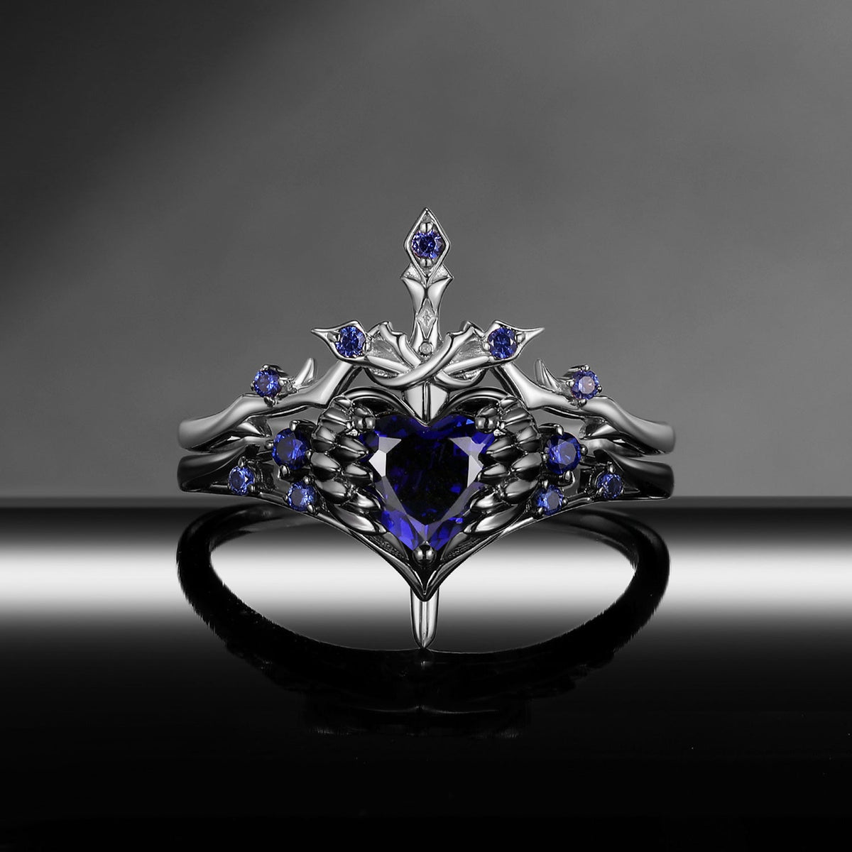 'Pierced Heart' - Gothic Inspired Lab Sapphire Heart Sword Ring Two-Tone Bridal Set