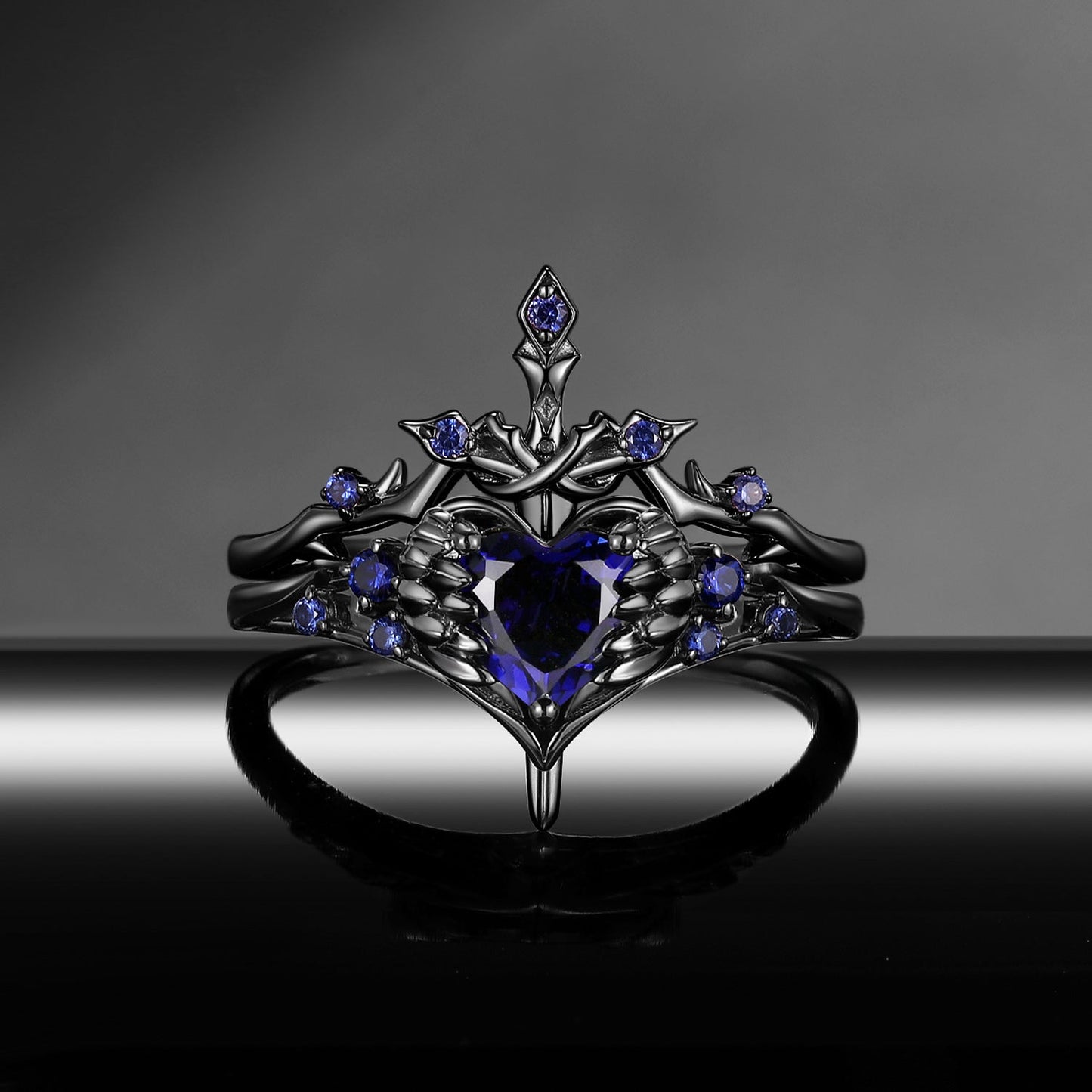 'Pierced Heart' - Gothic Inspired Lab Sapphire Heart Sword Ring Two-Tone Bridal Set