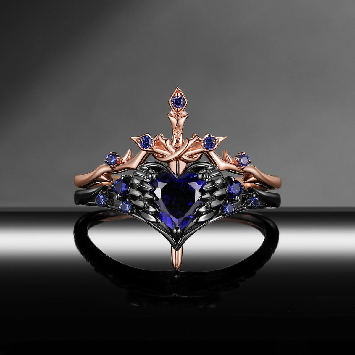 'Pierced Heart' - Gothic Inspired Lab Sapphire Heart Sword Ring Two-Tone Bridal Set