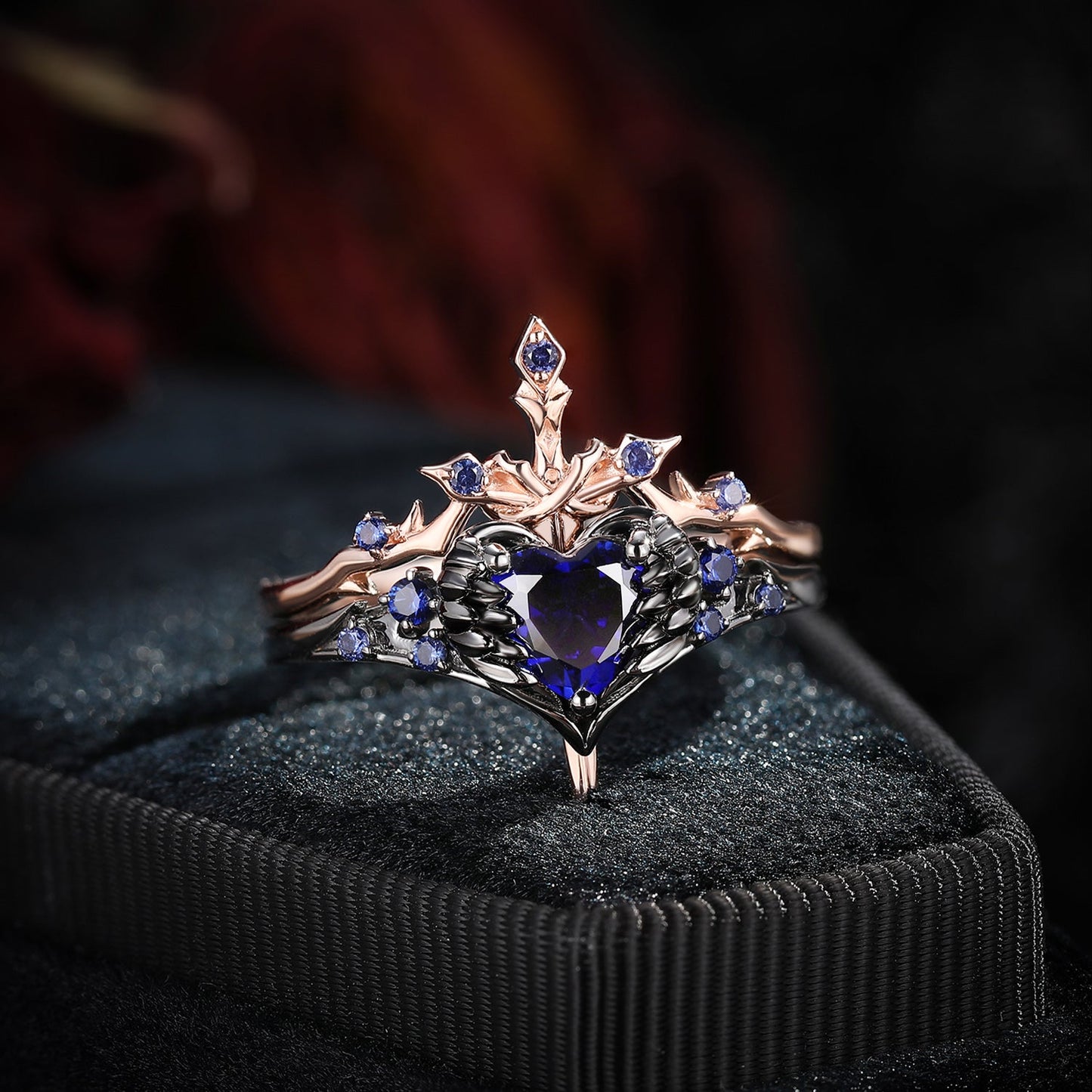 'Pierced Heart' - Gothic Inspired Lab Sapphire Heart Sword Ring Two-Tone Bridal Set