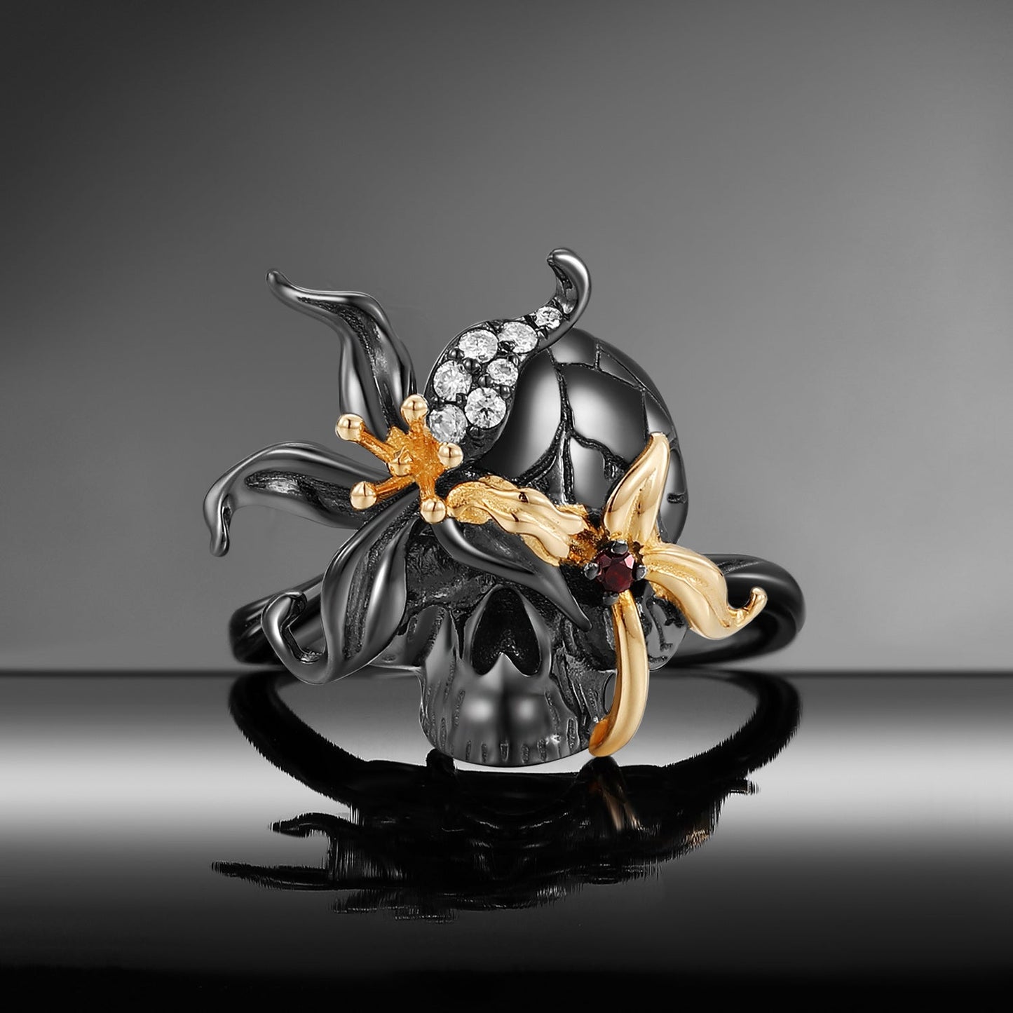 Halloween Gothic Flower Inspired Skull & Skeleton Moissanite Two-Tone Engagement Ring