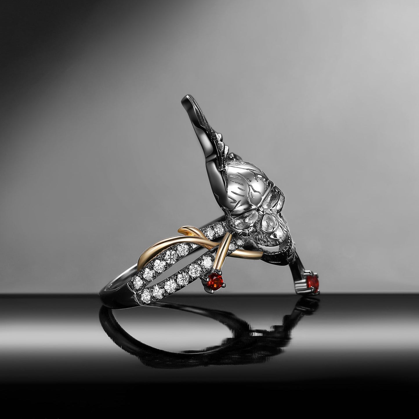 Gothic Inspired Unique Skull & Skeleton Butterfly Moissanite Two-Tone Halloween Engagement Ring