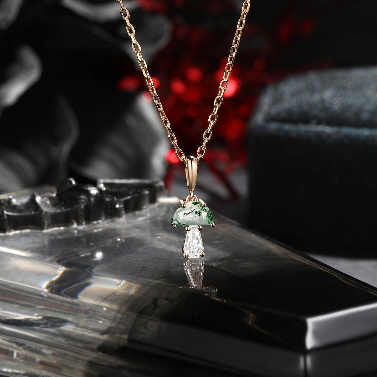 Tree of Life - Half Moon Moss Agate + Coffin Cut Moissanite Mushroom Necklace