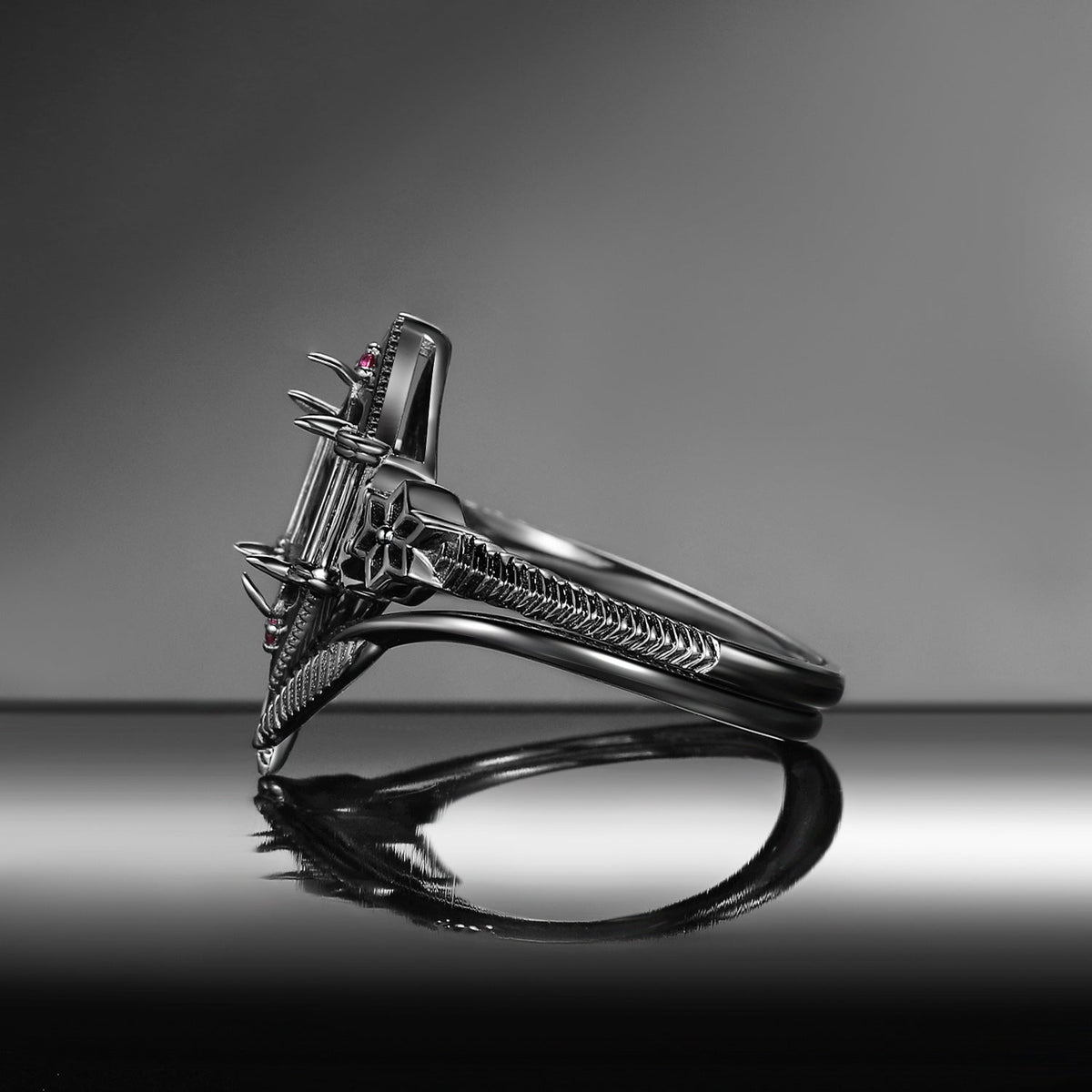 Gothic Style Long Hexagon Cut Moissanite Crow Inspired 'Caged Bird' Engagement Ring Halloween Bridal Sets 2pcs