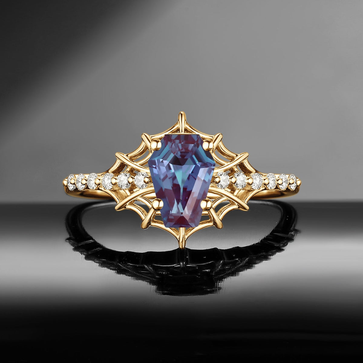 Spider Ring - Gothic Coffin Cut Lab Alexandrite Engagement Ring with Spider Web Inspired Band in Black Gold