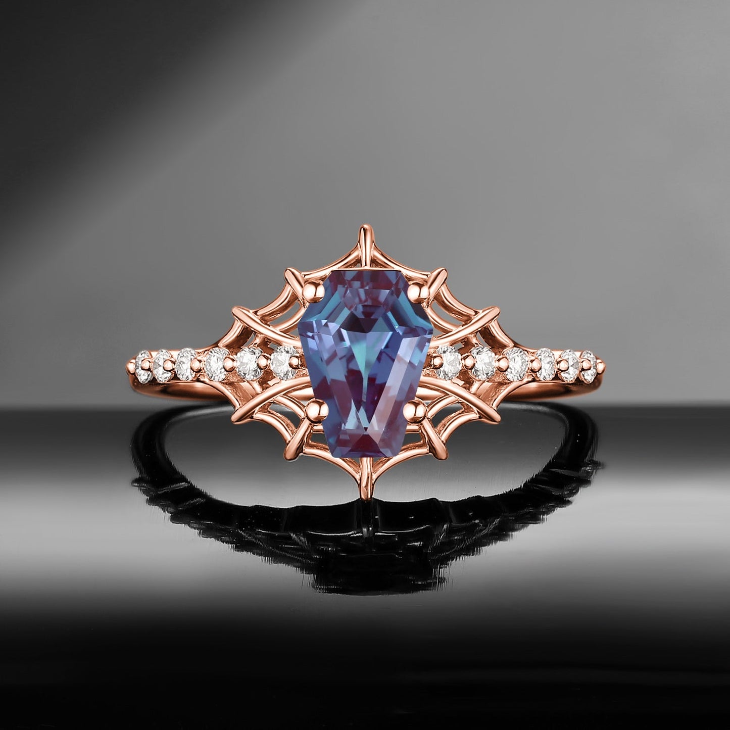 Spider Ring - Gothic Coffin Cut Lab Alexandrite Engagement Ring with Spider Web Inspired Band in Black Gold