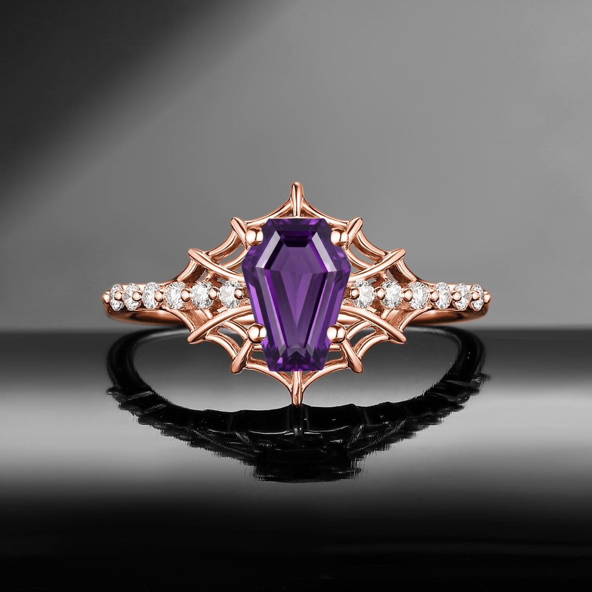 Spider Ring - Gothic Coffin Cut Amethyst Engagement Ring with Spider Web Inspired Band in Black Gold