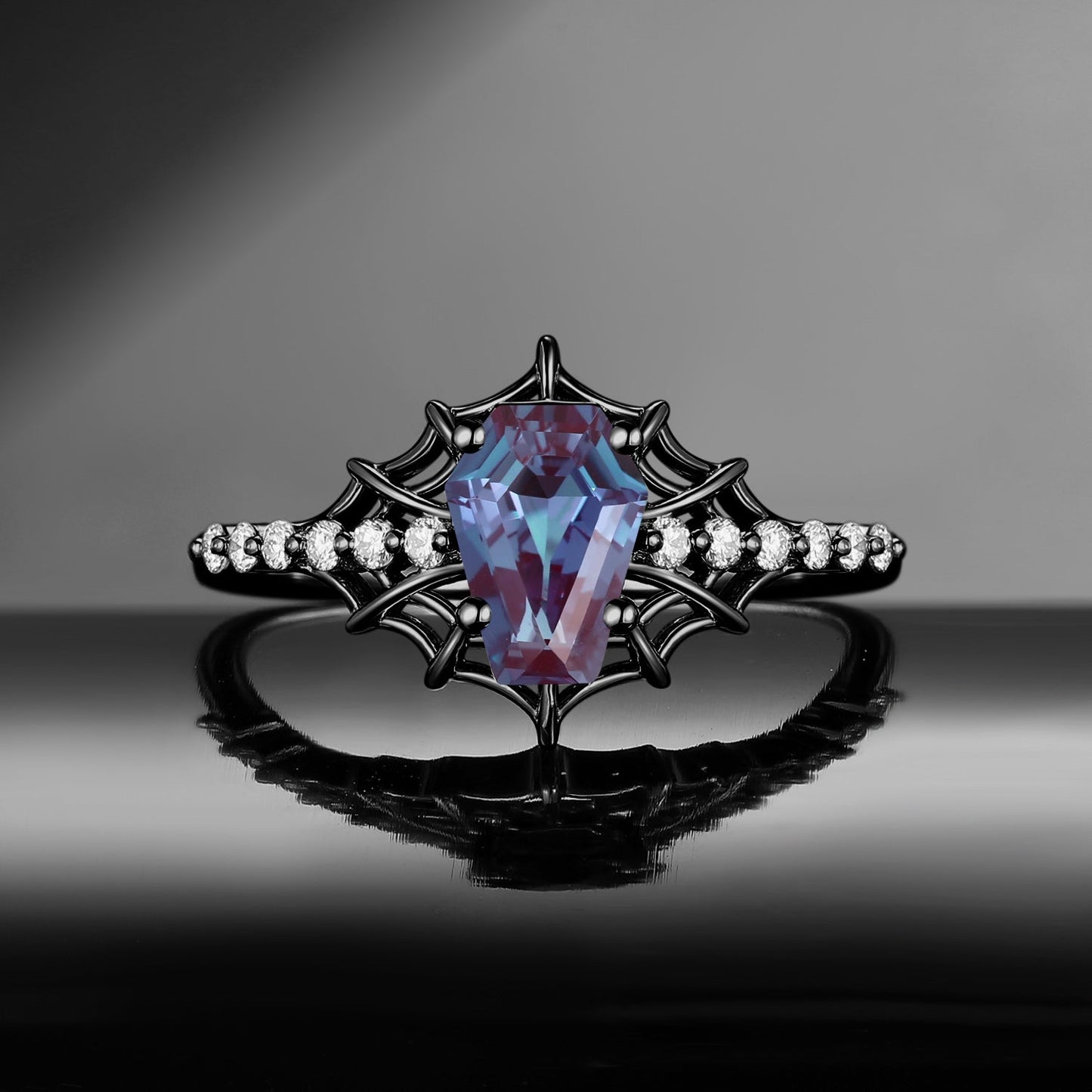 Spider Ring - Gothic Coffin Cut Lab Alexandrite Engagement Ring with Spider Web Inspired Band in Black Gold