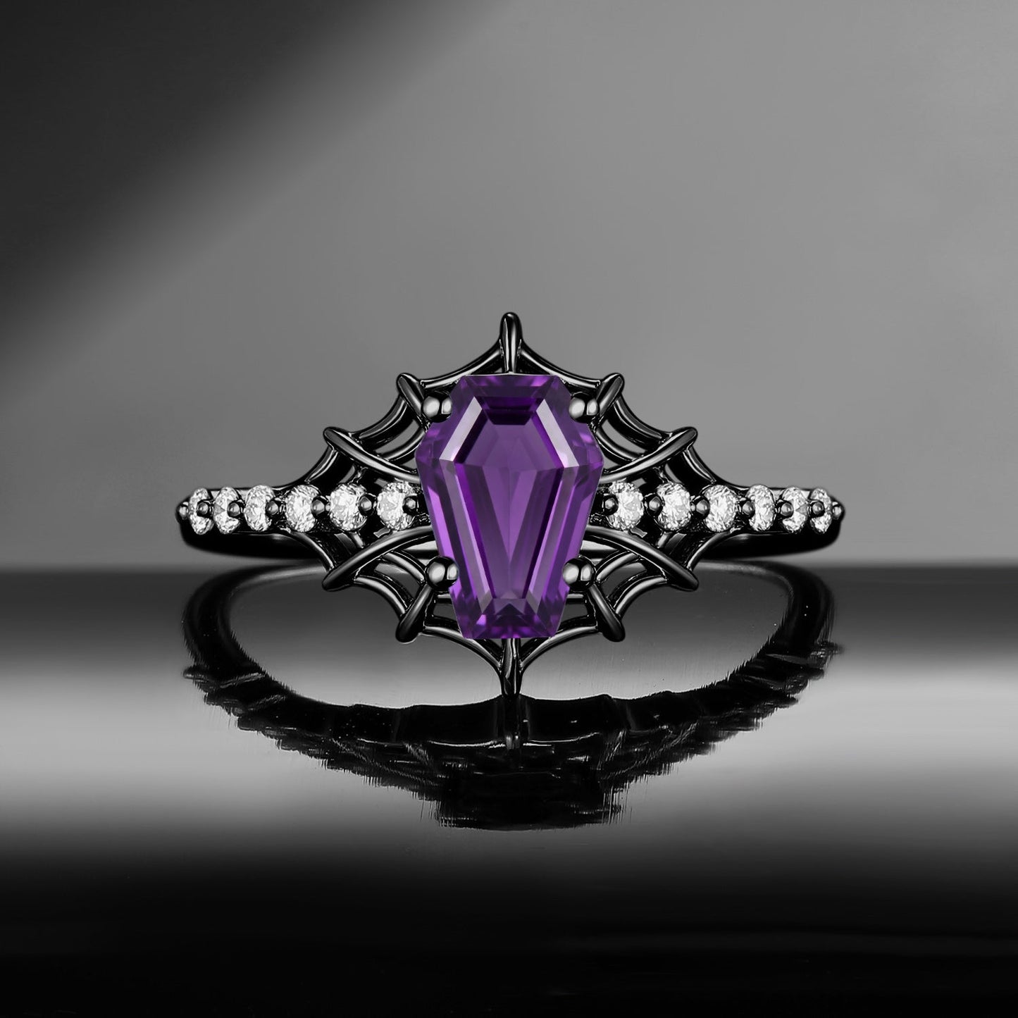 Spider Ring - Gothic Coffin Cut Amethyst Engagement Ring with Spider Web Inspired Band in Black Gold