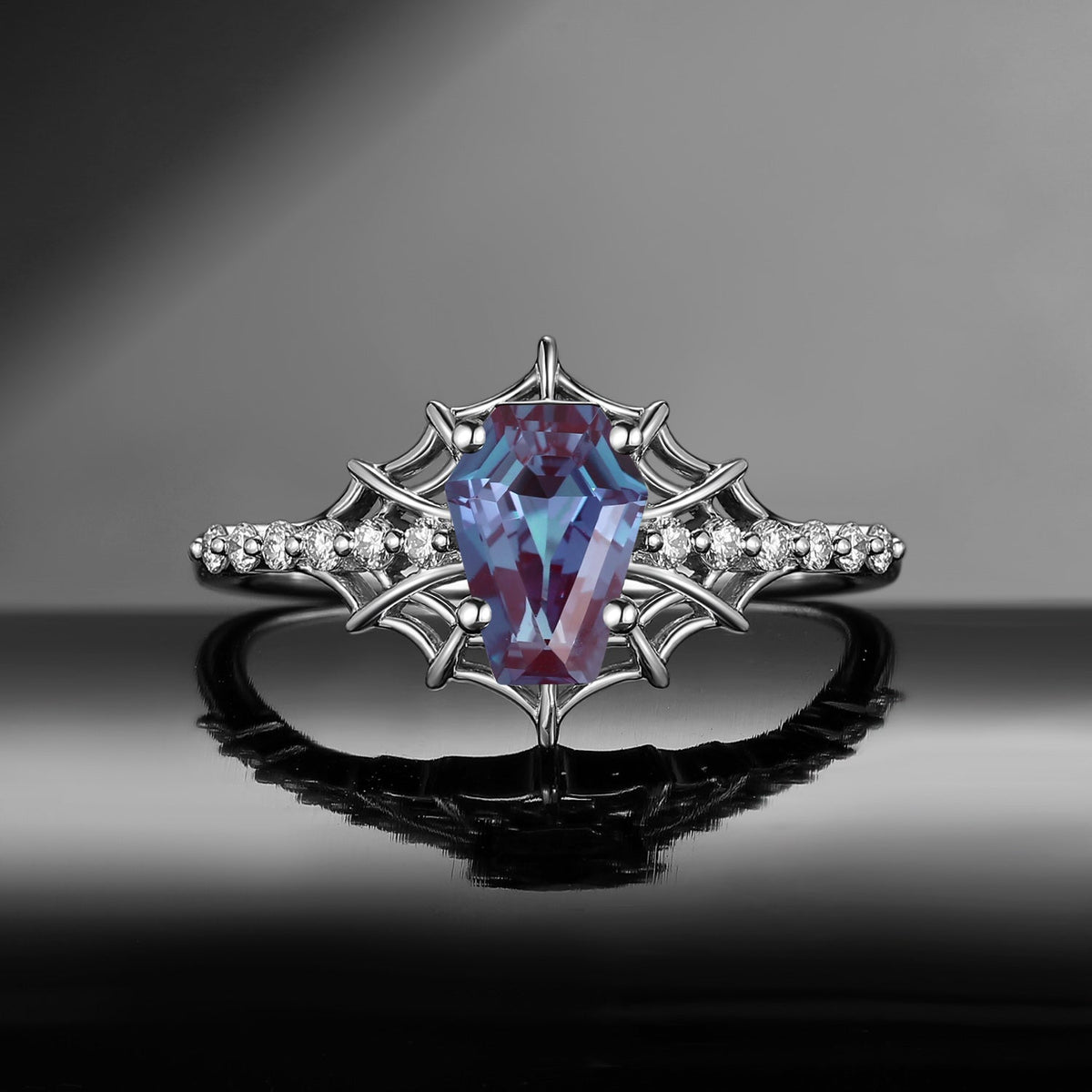 Spider Ring - Gothic Coffin Cut Lab Alexandrite Engagement Ring with Spider Web Inspired Band in Black Gold